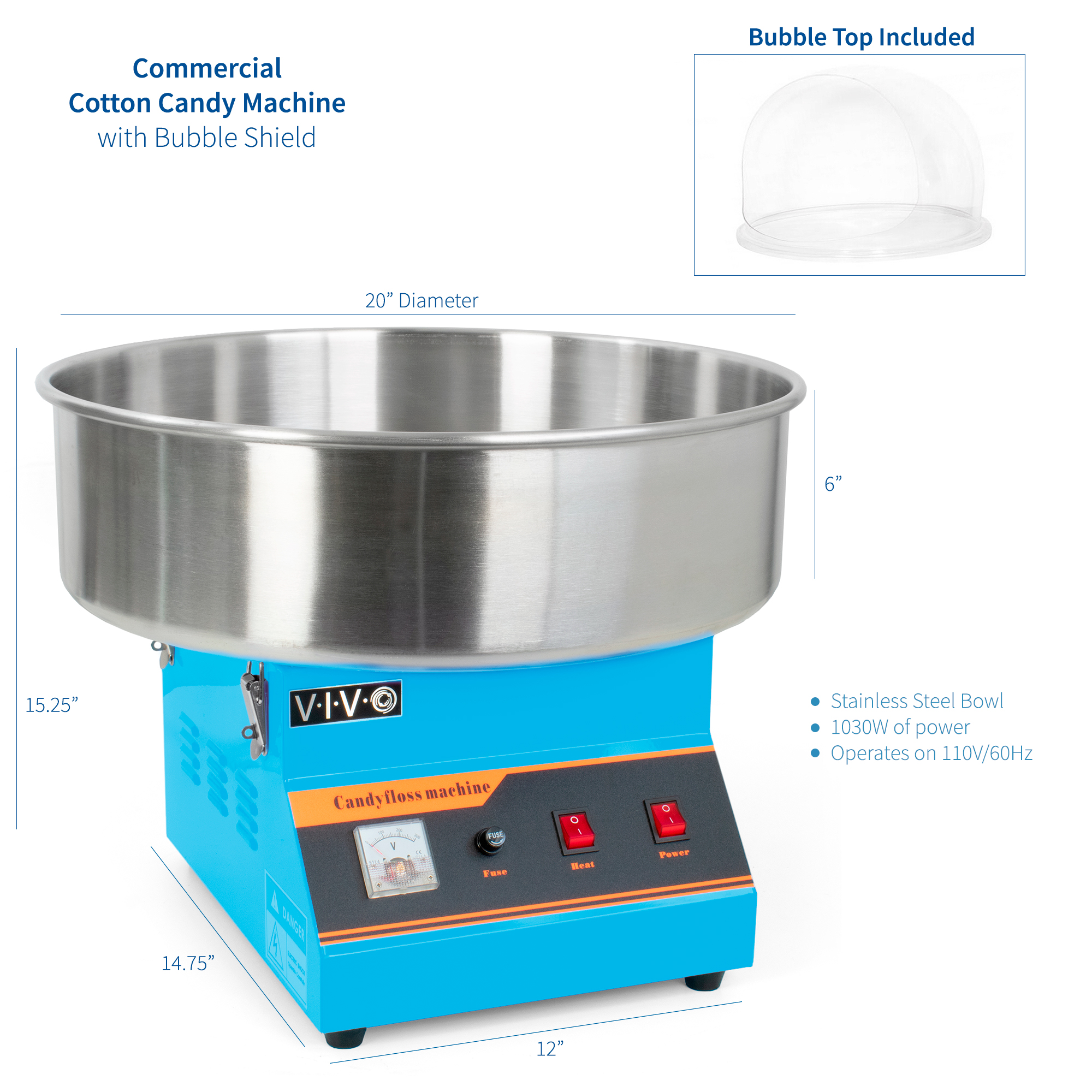 VIVO Blue Electric Commercial Cotton Candy Machine Floss Maker w/ Bubble Shield Image 2