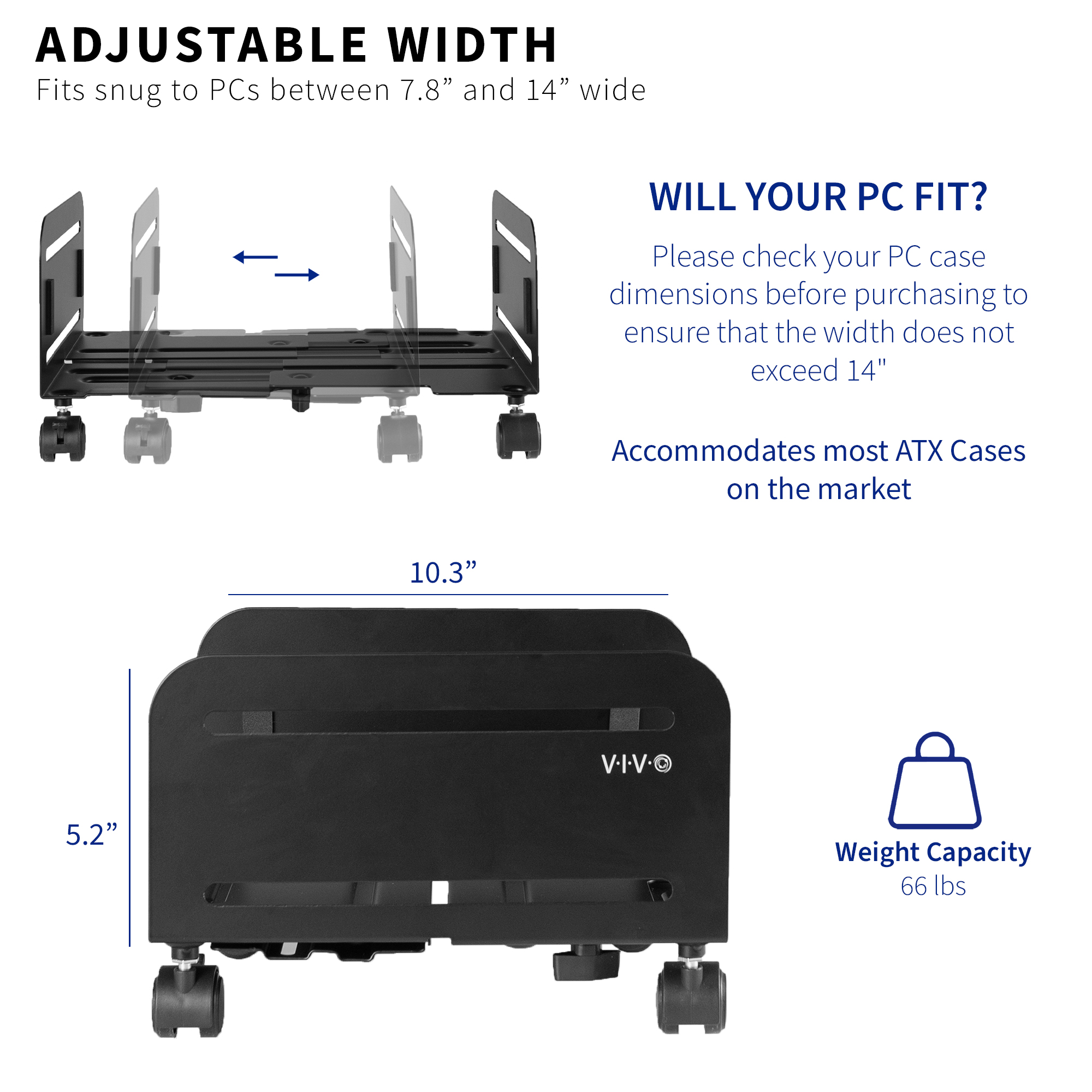 VIVO Black Computer Large Desktop ATX Case, CPU Rolling Stand, Adjustable Cart Image 2