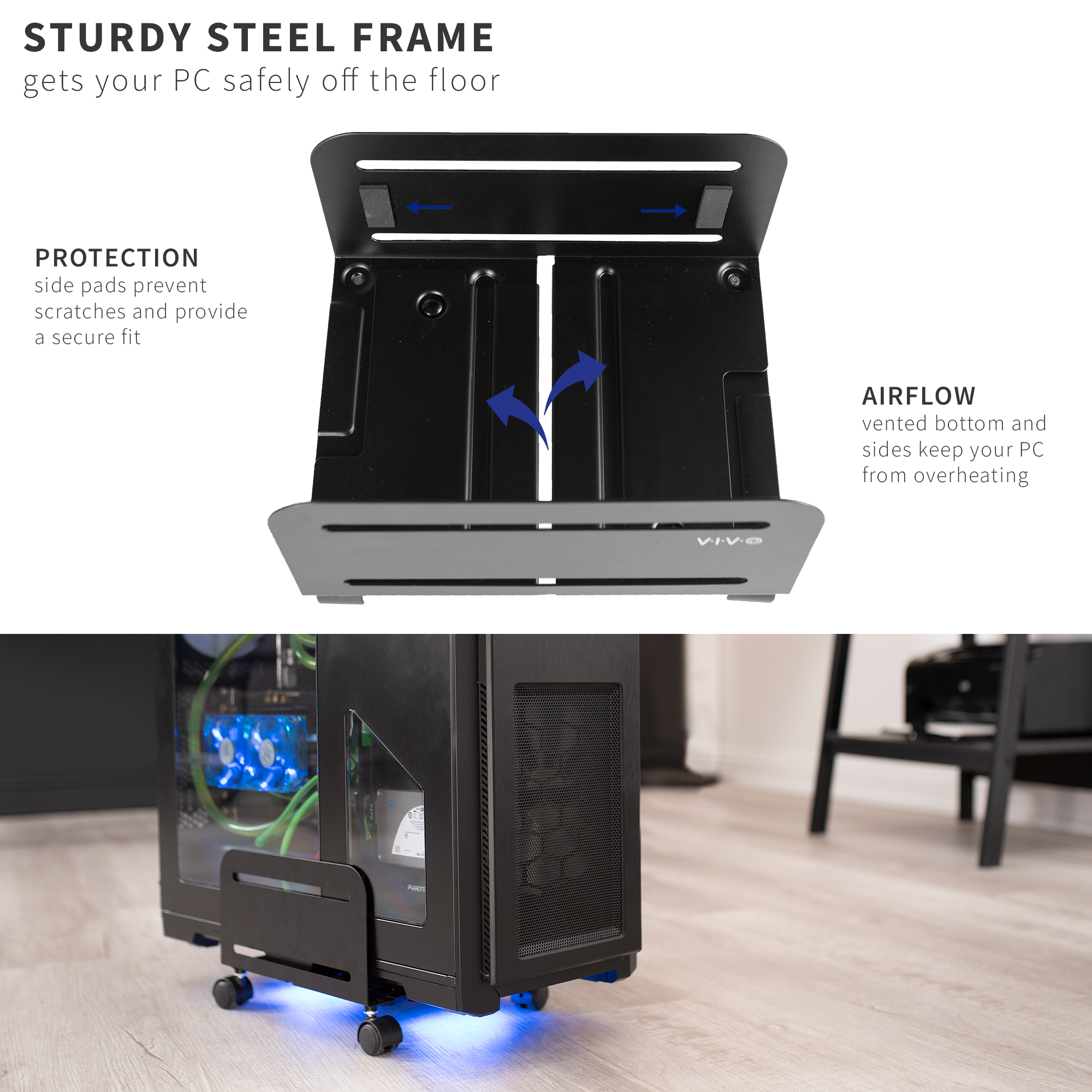 VIVO Black Computer Large Desktop ATX Case, CPU Rolling Stand, Adjustable Cart Image 4