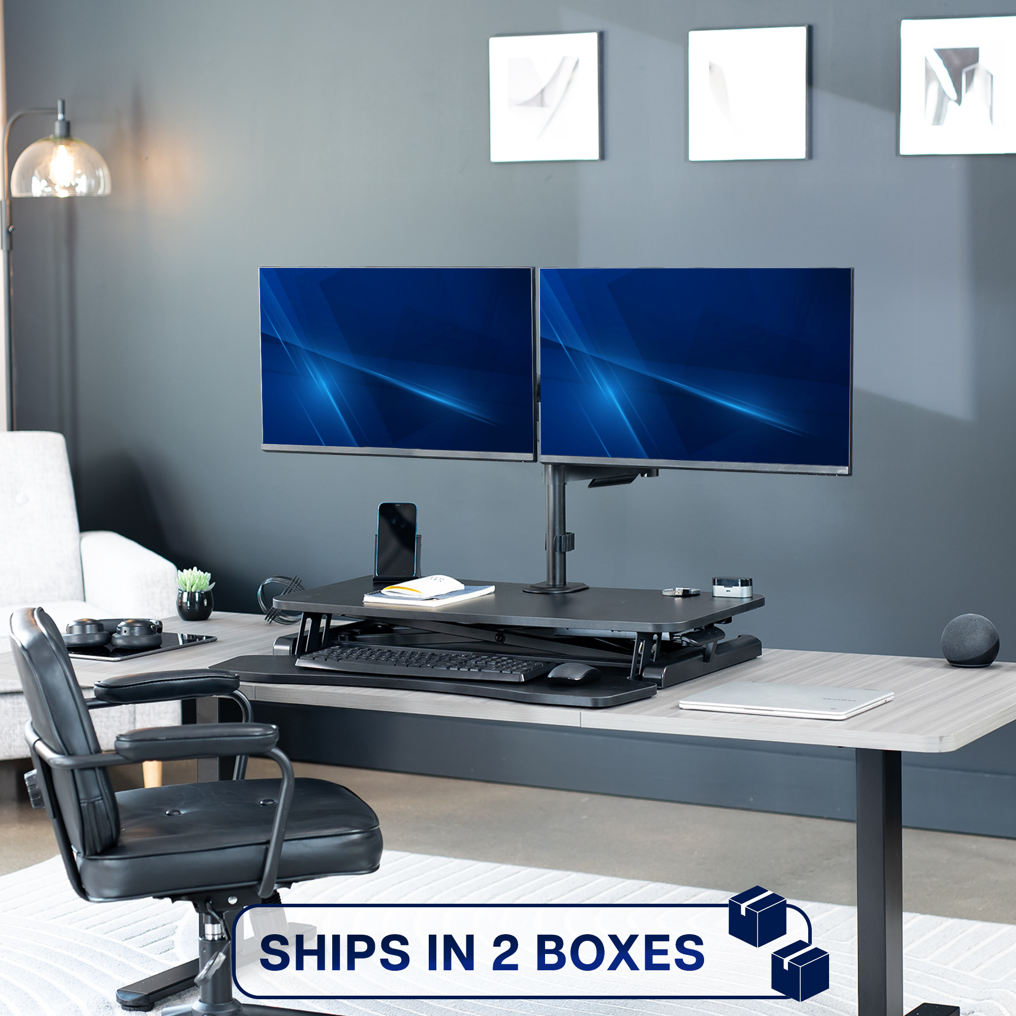 VIVO Black 32" Standing Desk Riser with Dual Monitor Arm for up to 32" Screens Image 7