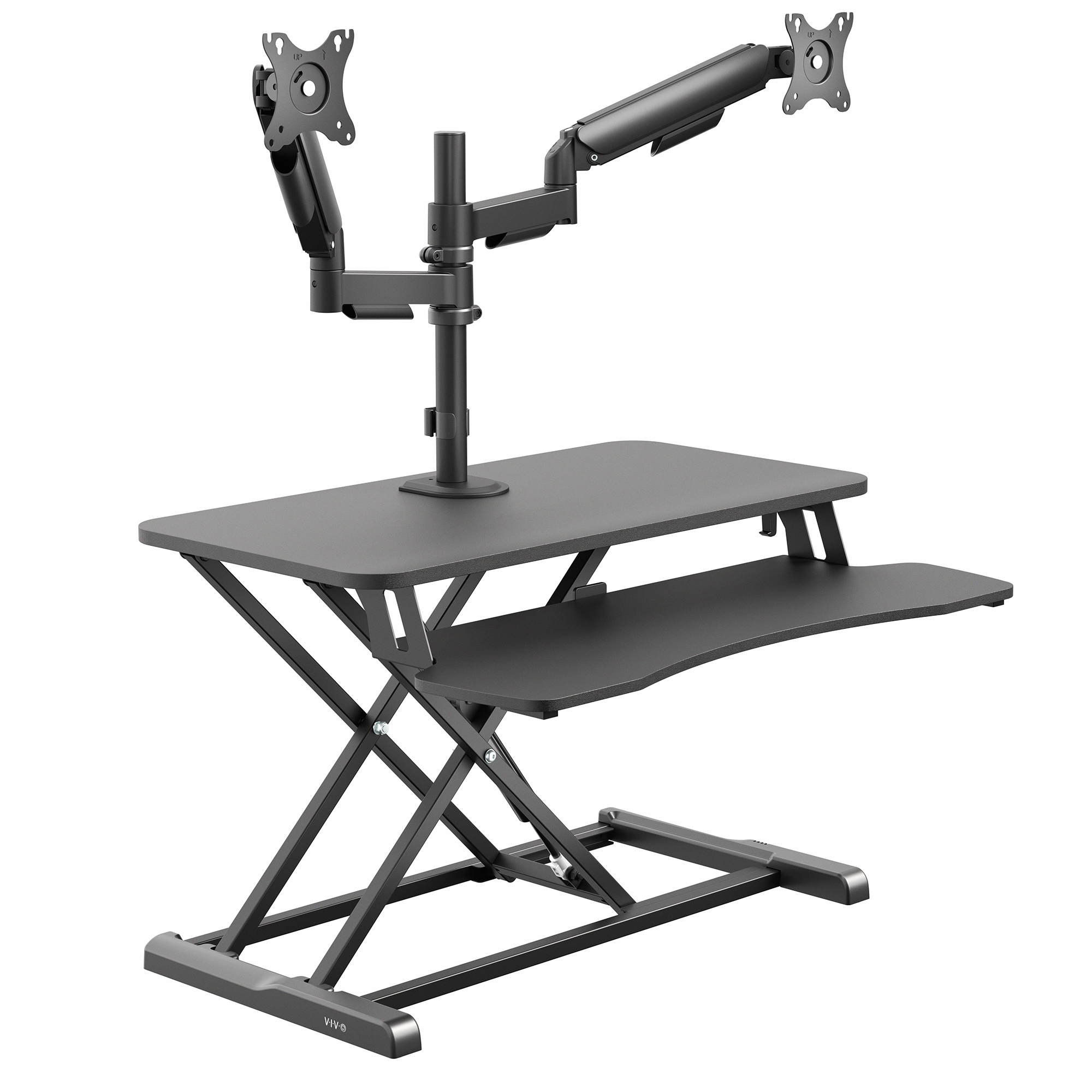 VIVO Black 32" Standing Desk Riser with Dual Monitor Arm for up to 32" Screens Image 1
