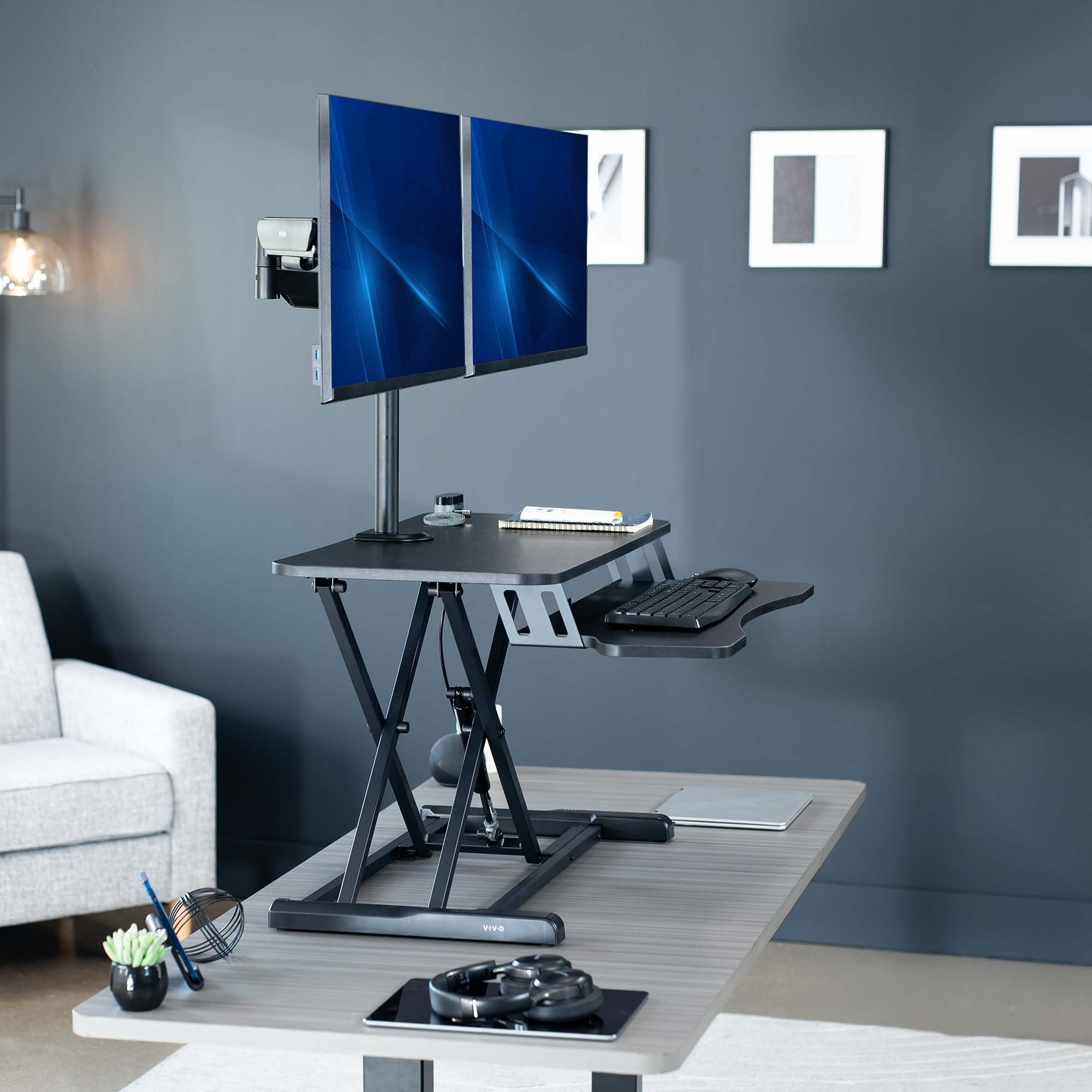 VIVO Black 32" Standing Desk Riser with Dual Monitor Arm for up to 32" Screens Image 2