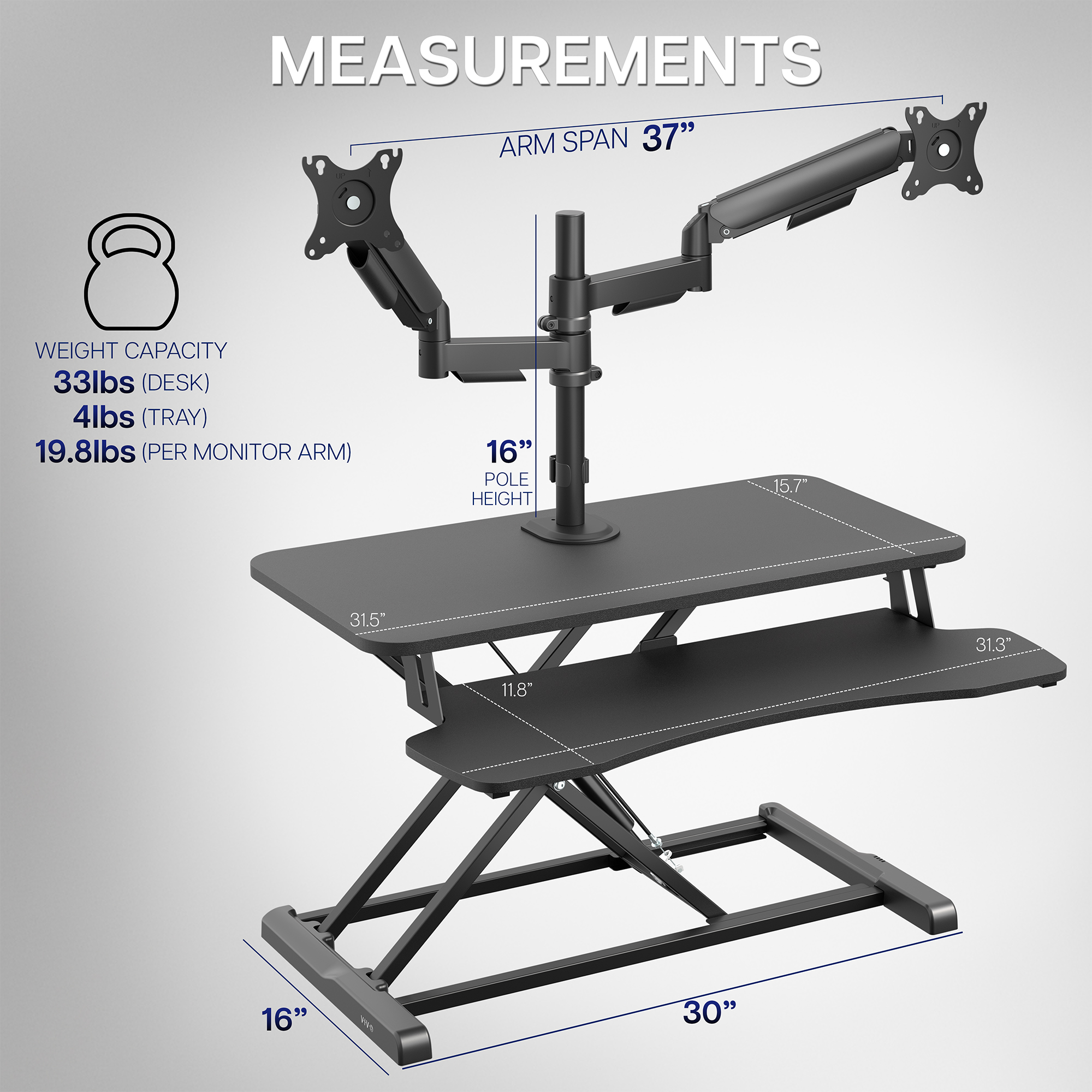 VIVO Black 32" Standing Desk Riser with Dual Monitor Arm for up to 32" Screens Image 3