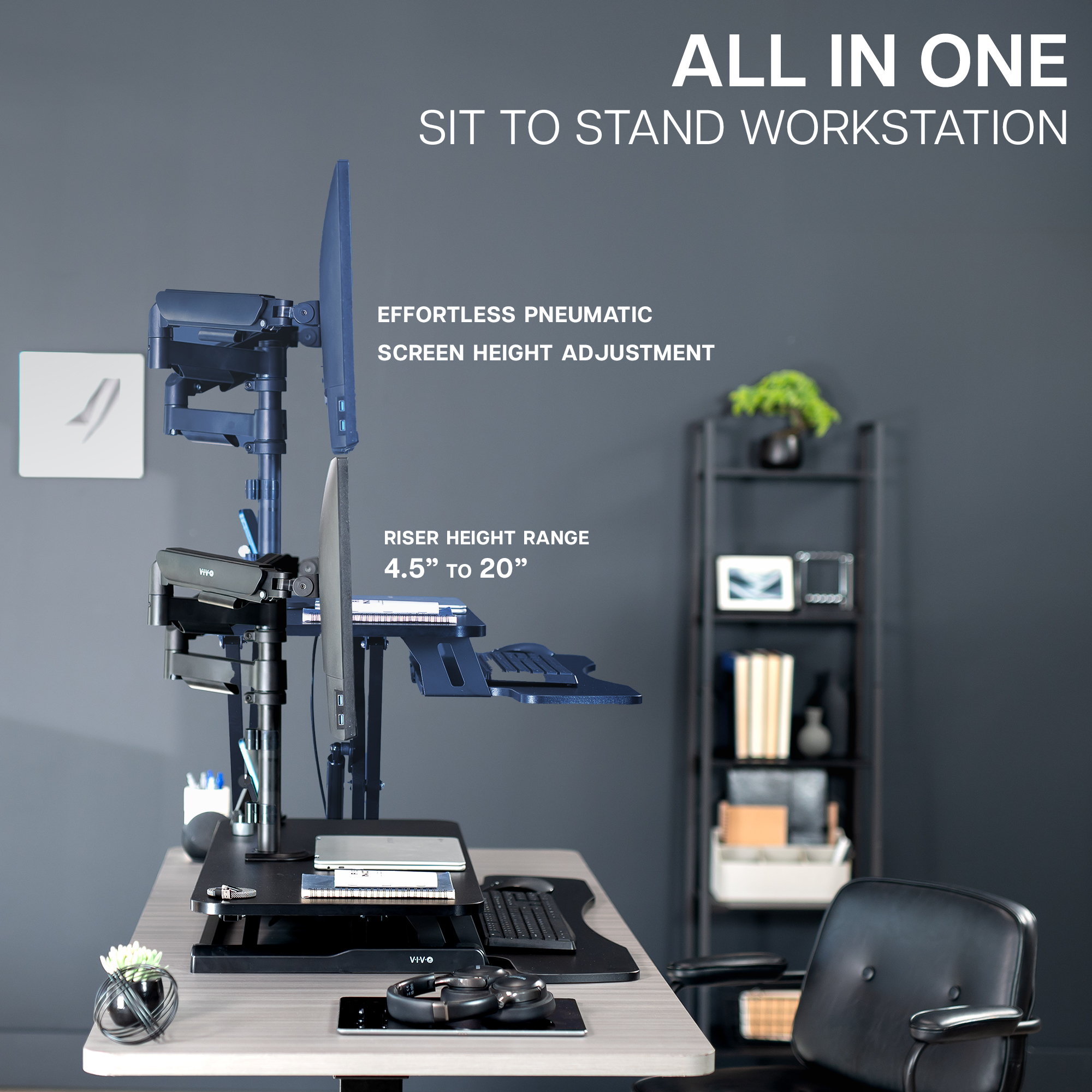 VIVO Black 32" Standing Desk Riser with Dual Monitor Arm for up to 32" Screens Image 4
