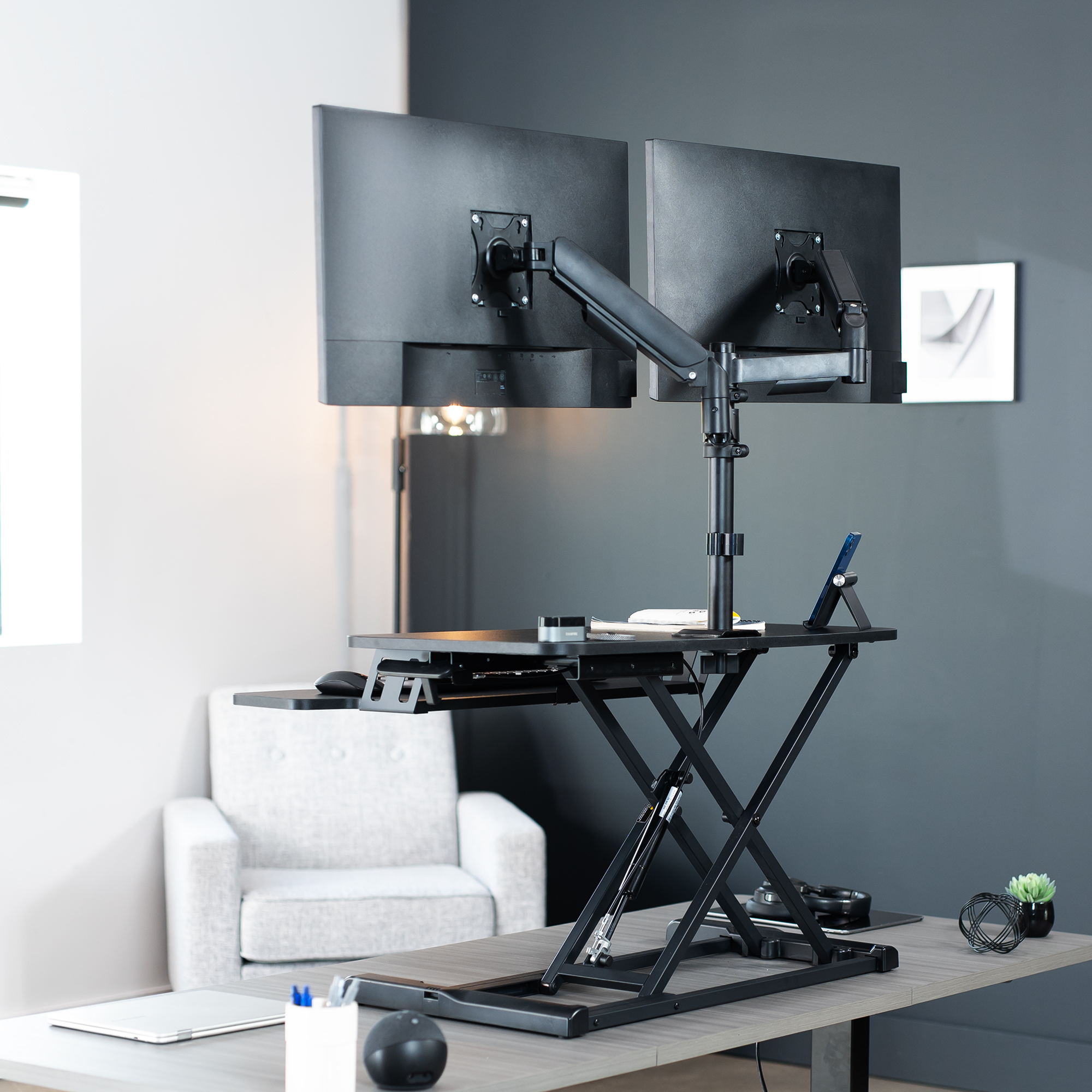 VIVO Black 32" Standing Desk Riser with Dual Monitor Arm for up to 32" Screens Image 6