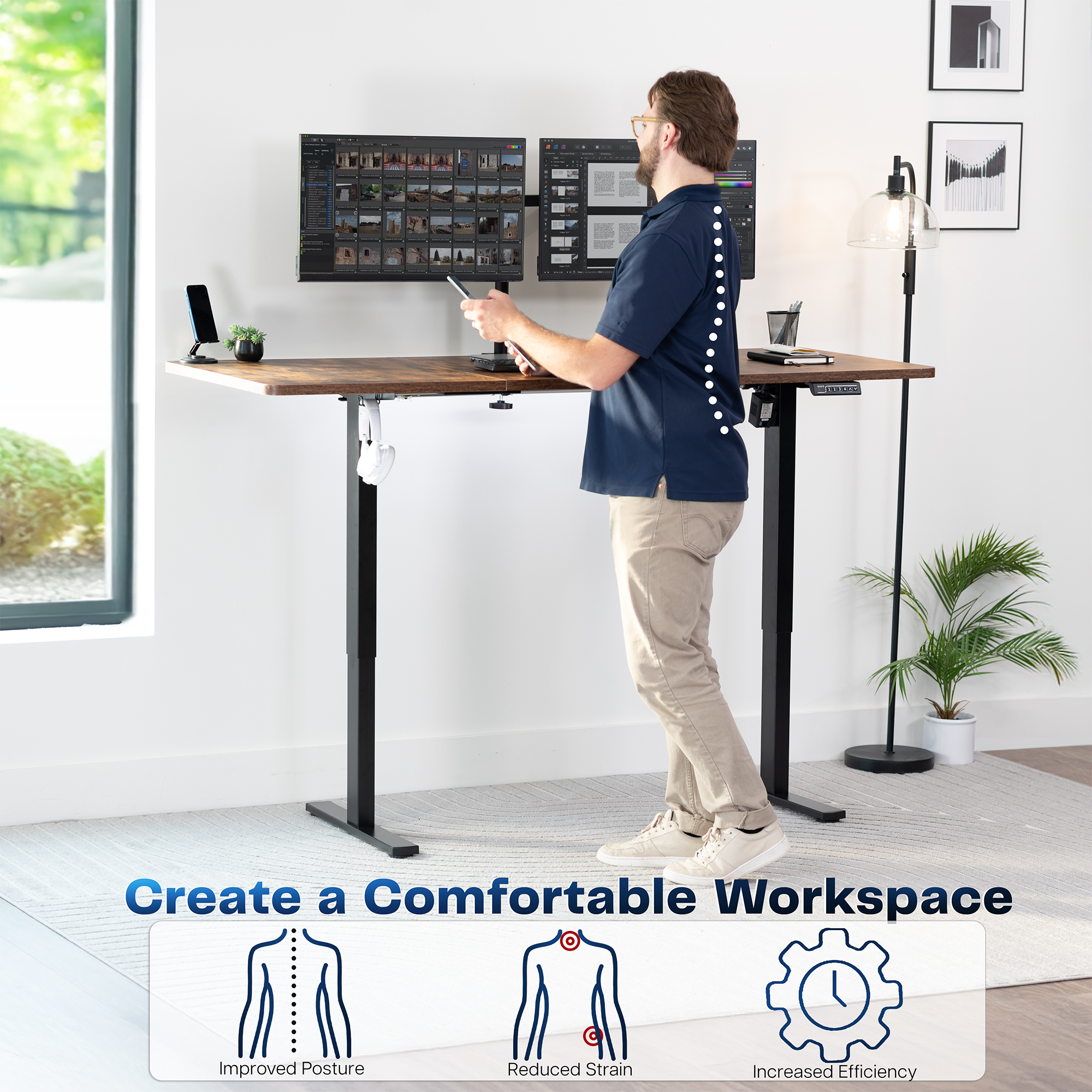 VIVO Electric 71”x30” Stand Up Desk, Rustic Vintage Brown Table Top, Black Frame Image 3
