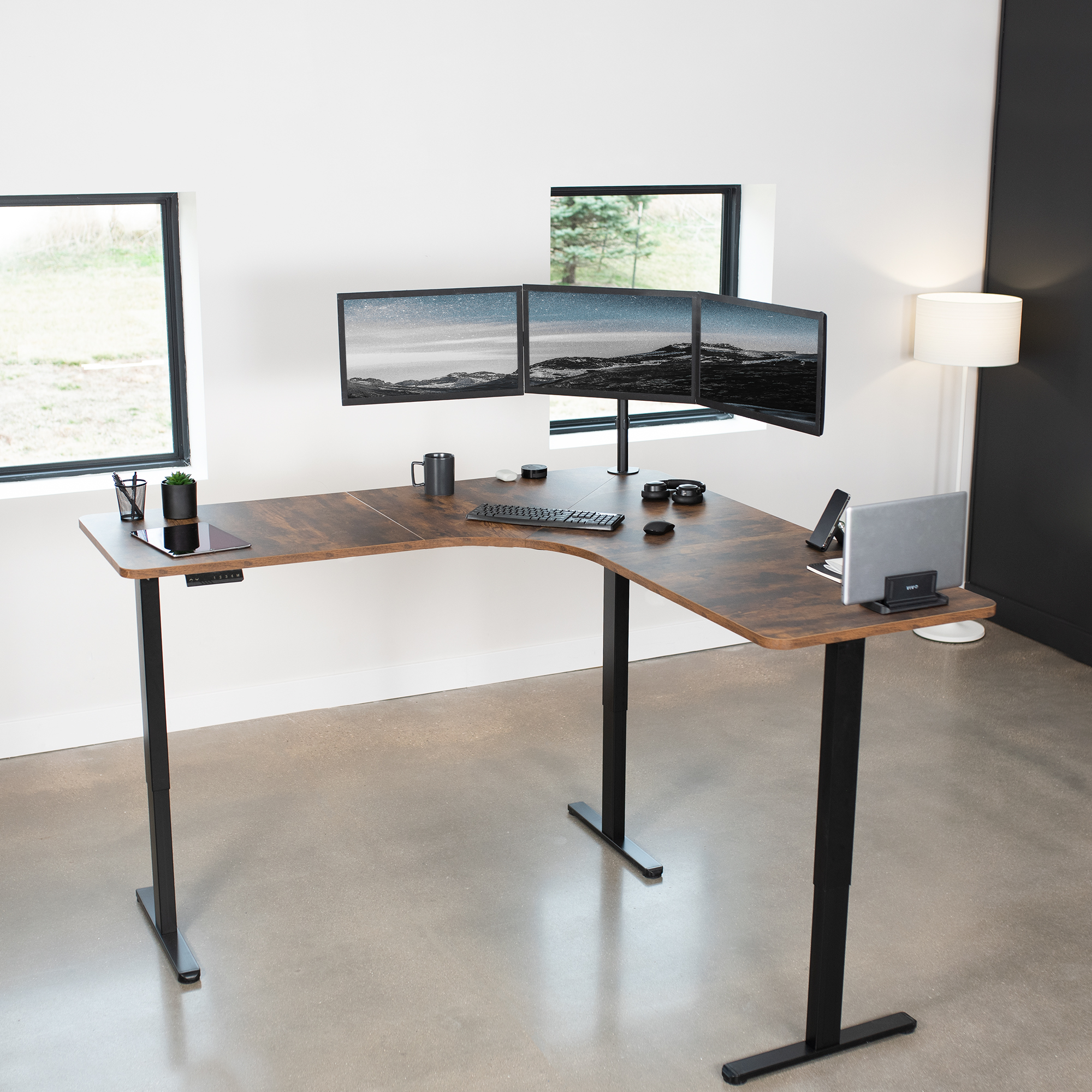 VIVO Vintage Brown 71x71 inch Curved Corner Table Top for Sit Stand Desk Frames Image 2