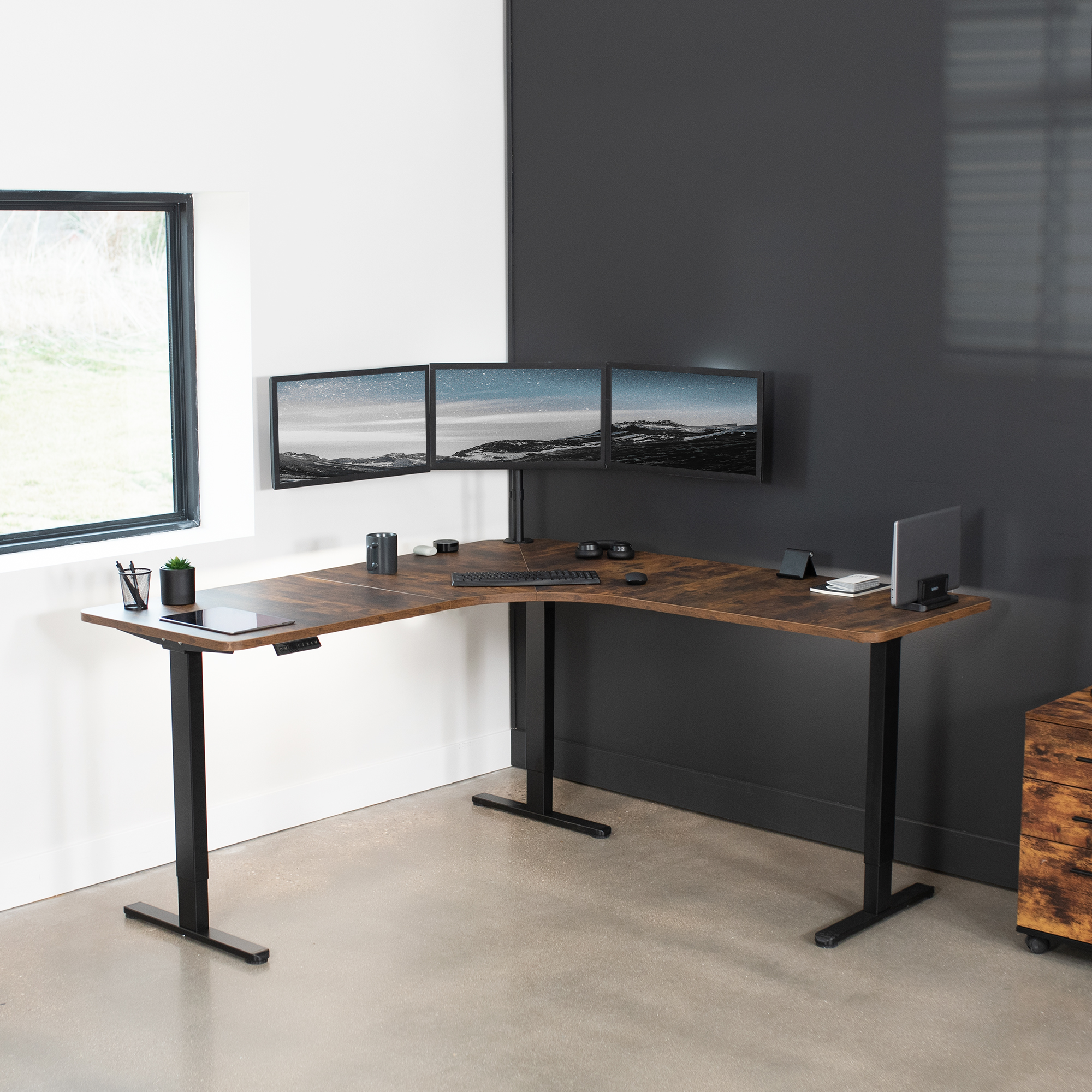 VIVO Vintage Brown 71x71 inch Curved Corner Table Top for Sit Stand Desk Frames Image 5