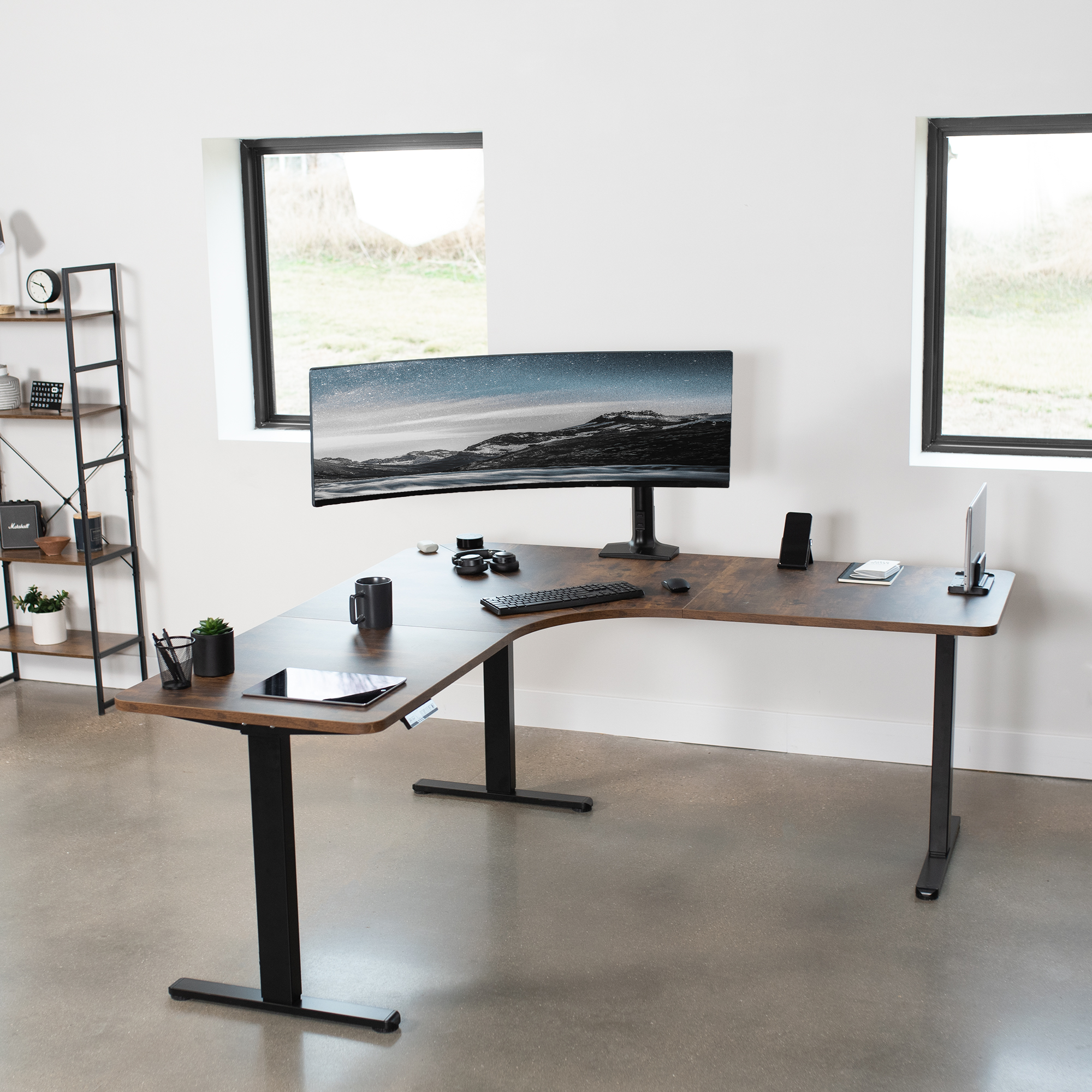 VIVO Vintage Brown 71x71 inch Curved Corner Table Top for Sit Stand Desk Frames Image 8