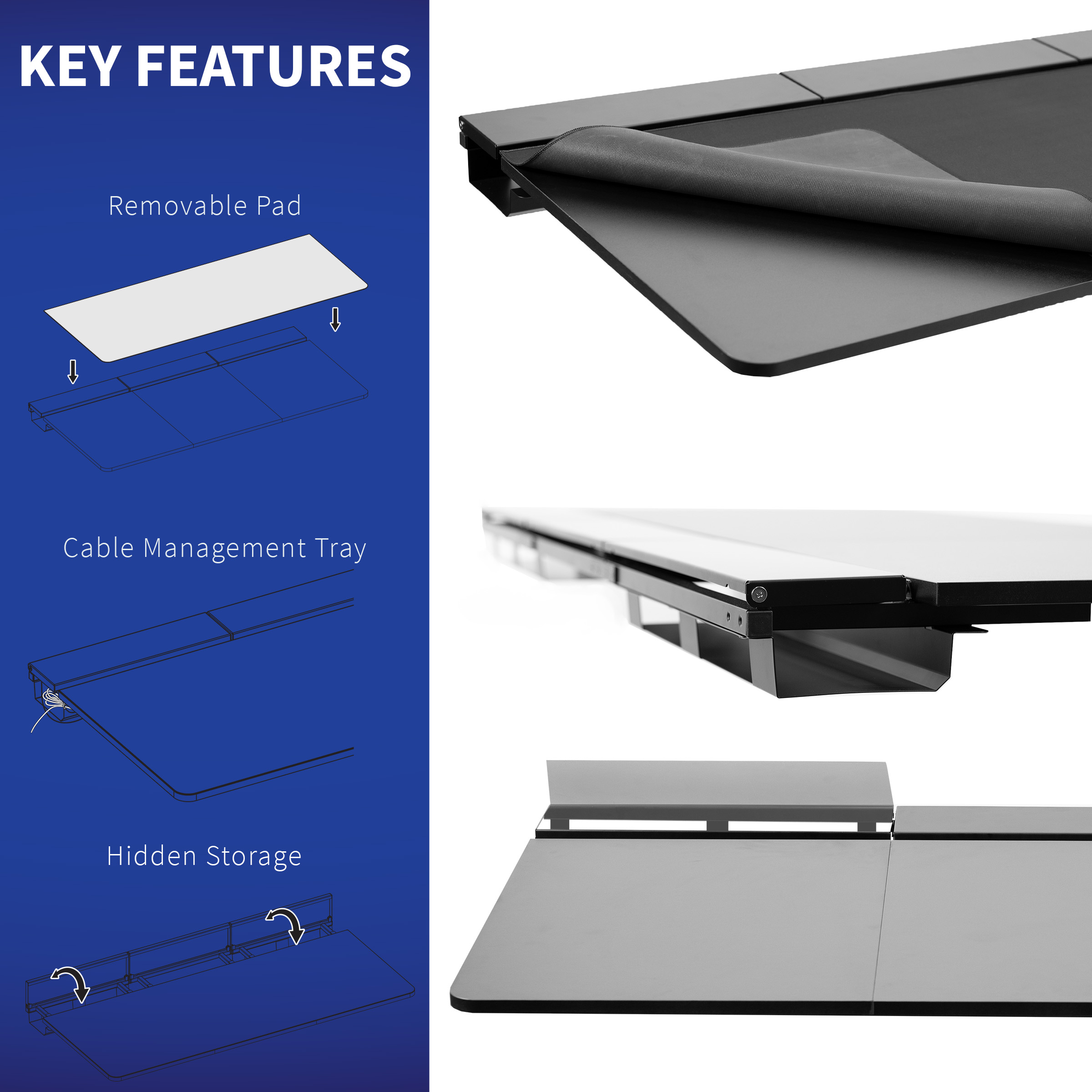 VIVO Black 60" x 30" Concealed Cable Table Top w/ Pad for Standing Desk Frames Image 3