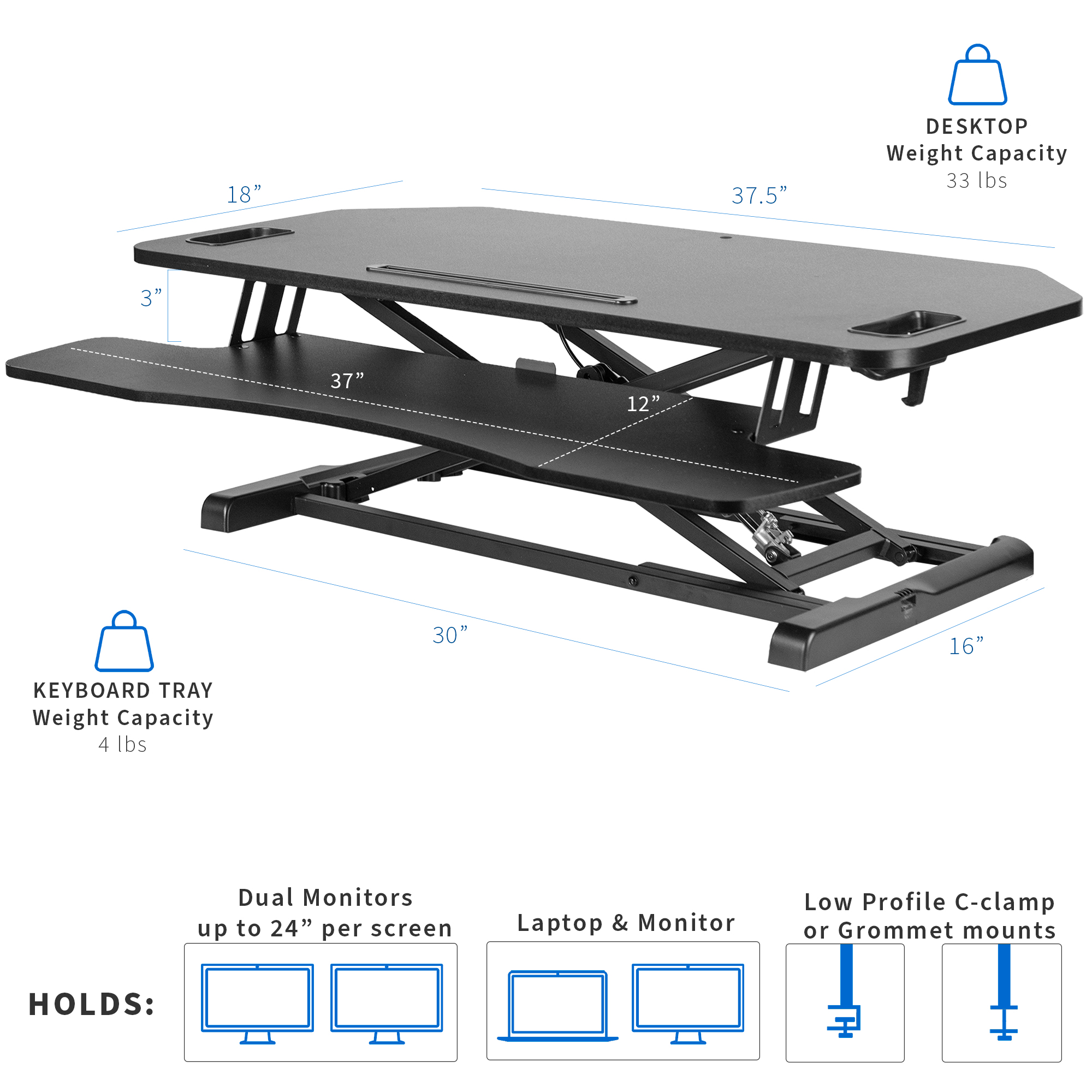 USED VIVO Black Height Adjustable Corner Desktop Monitor Riser 38" Sit Stand Image 3