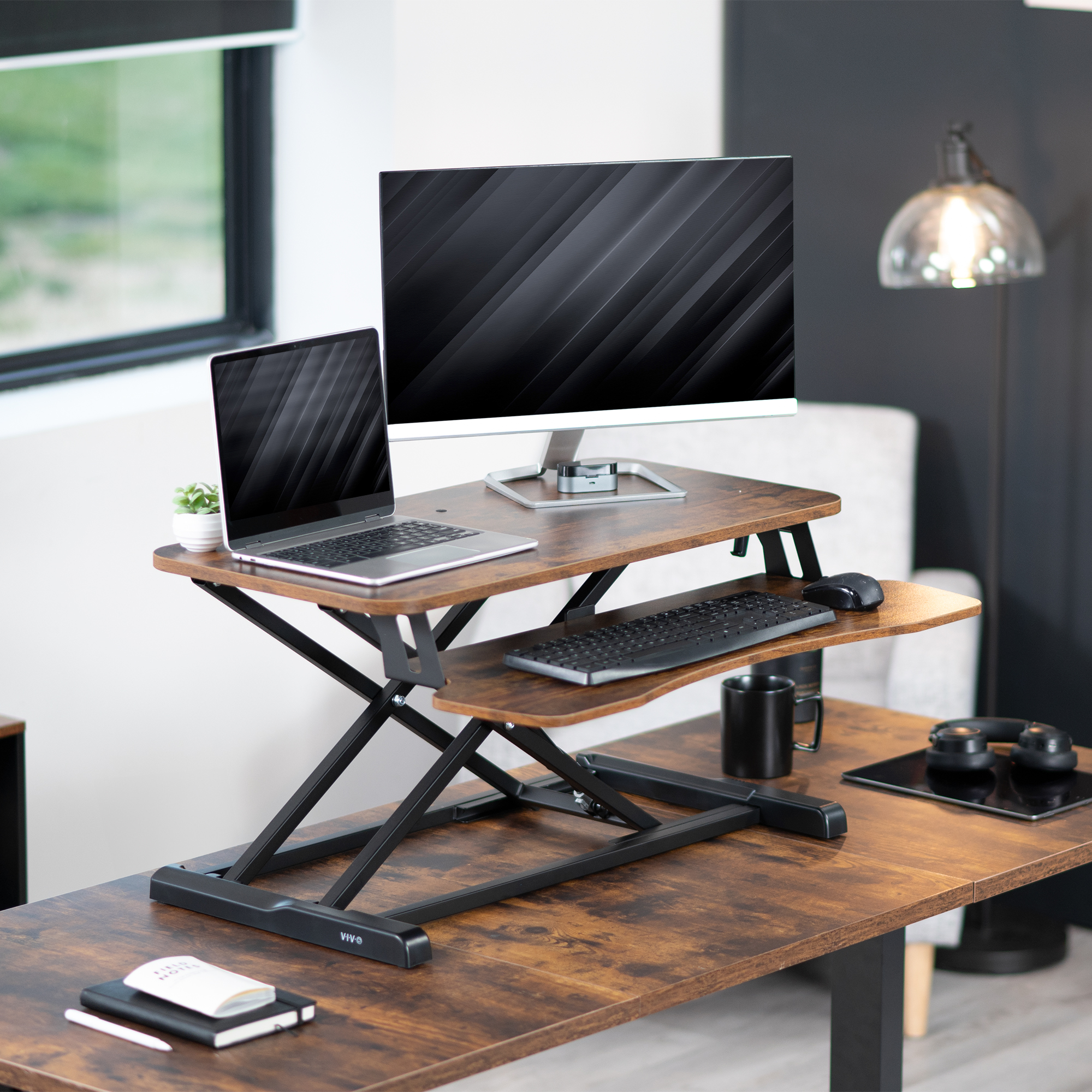 VIVO Rustic Vintage Brown Standing 32" Desktop Monitor Riser, Black Frame Image 2