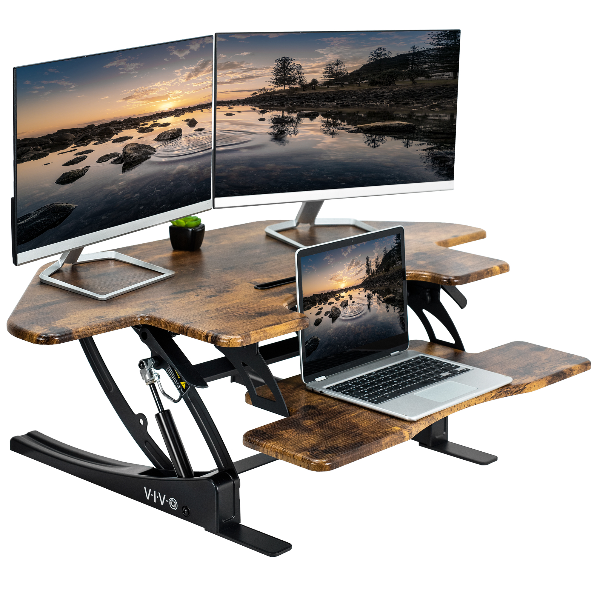 VIVO Vintage Brown Corner Height Adjustable Sit to Stand Tabletop Desk Riser Image 1