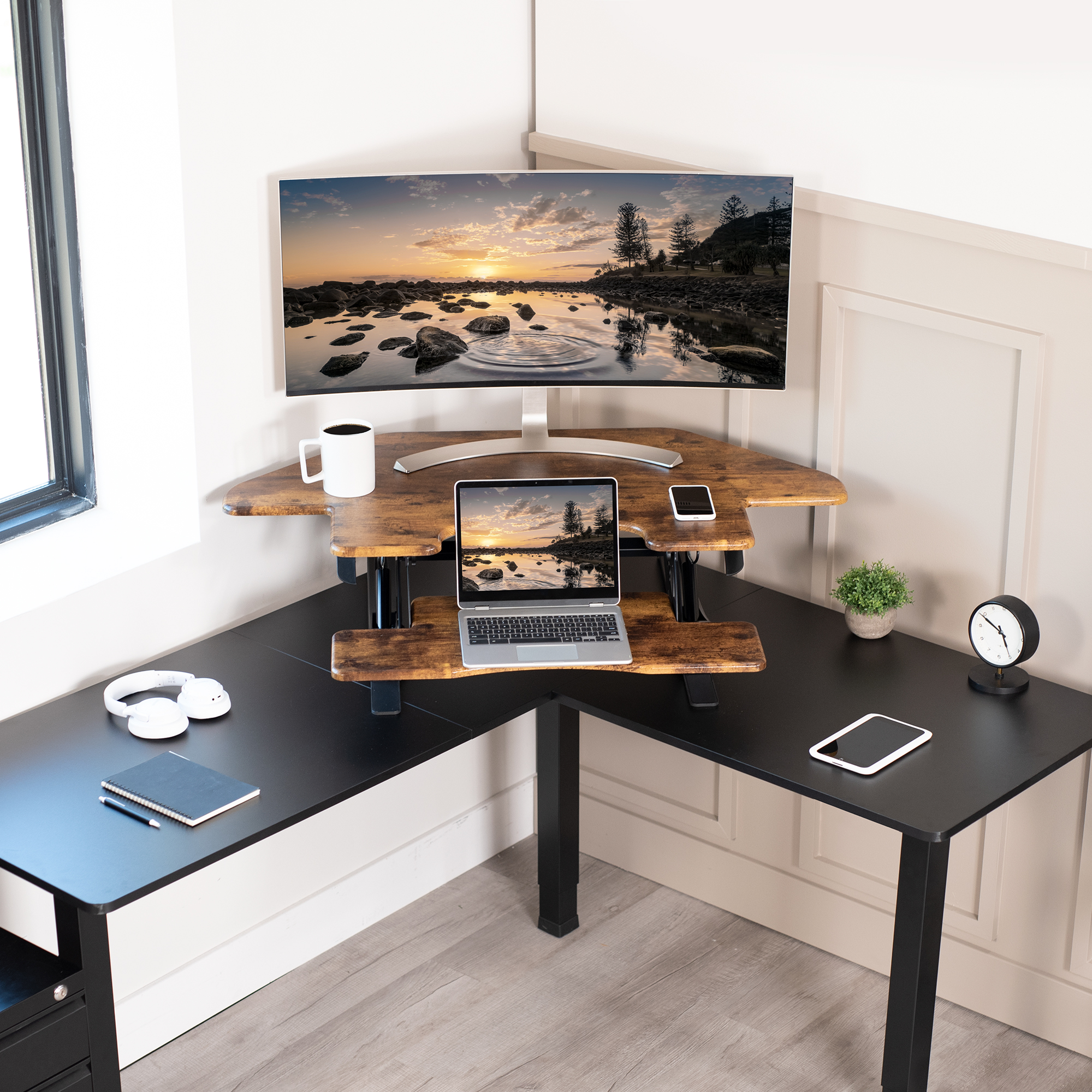 VIVO Vintage Brown Corner Height Adjustable Sit to Stand Tabletop Desk Riser Image 2