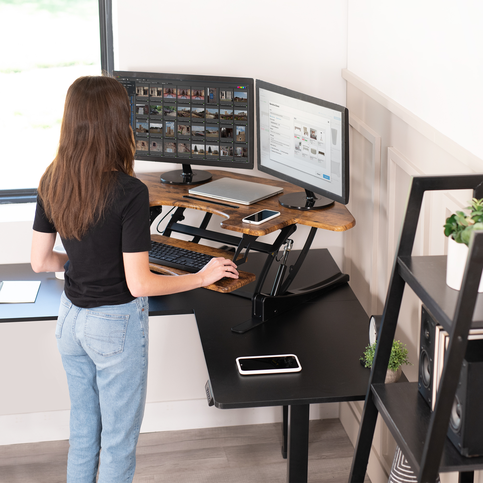 VIVO Vintage Brown Corner Height Adjustable Sit to Stand Tabletop Desk Riser Image 4