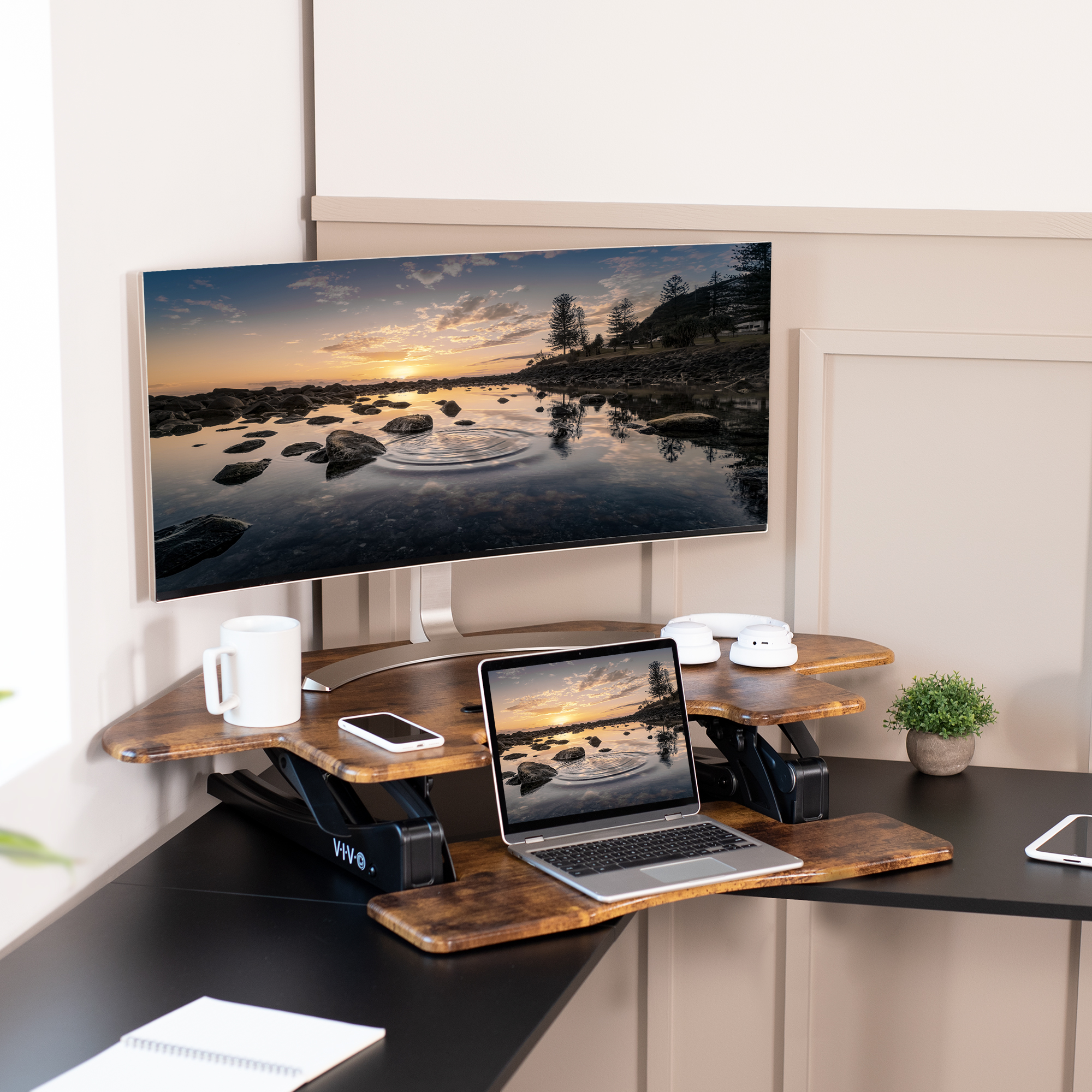 VIVO Vintage Brown Corner Height Adjustable Sit to Stand Tabletop Desk Riser Image 6