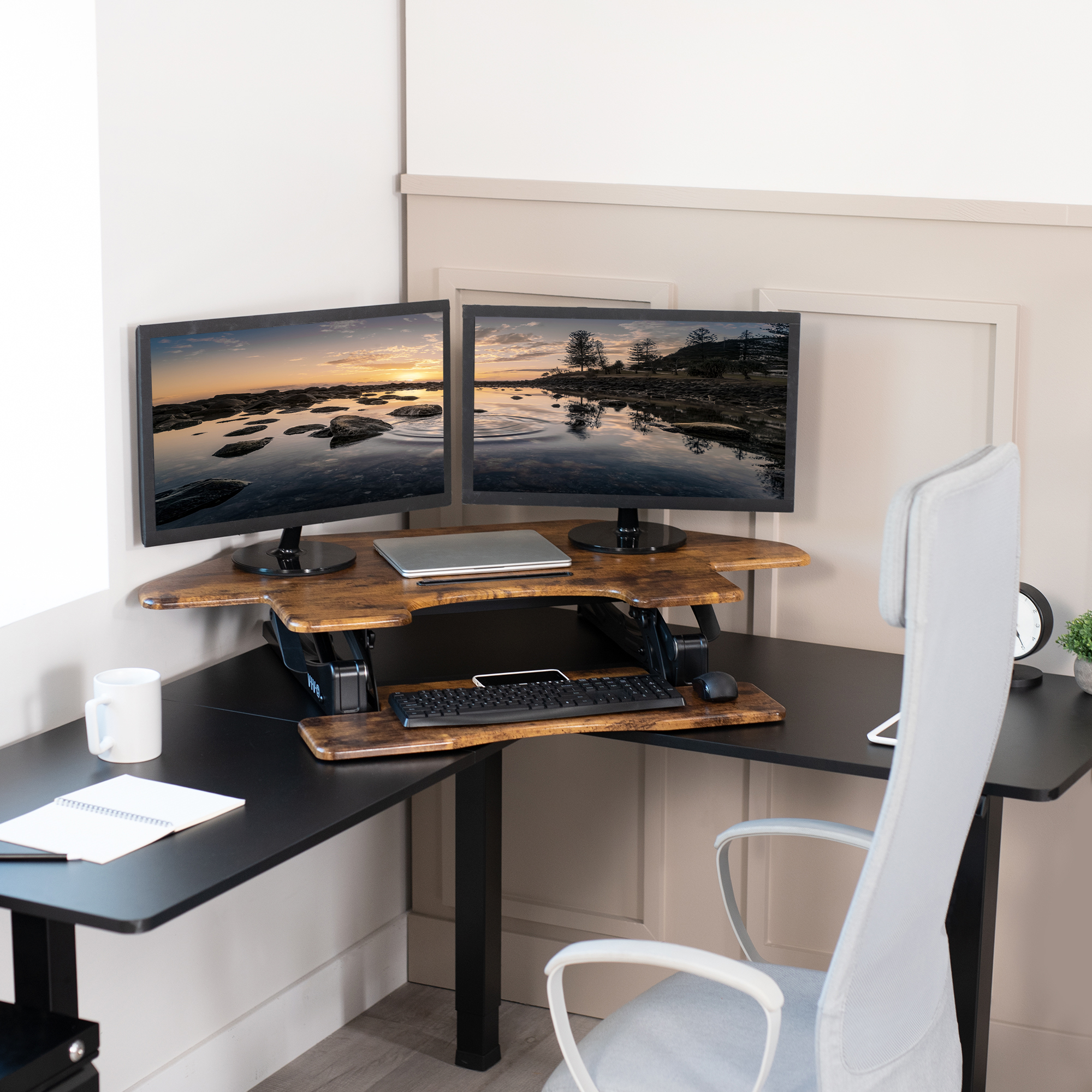 VIVO Vintage Brown Corner Height Adjustable Sit to Stand Tabletop Desk Riser Image 8