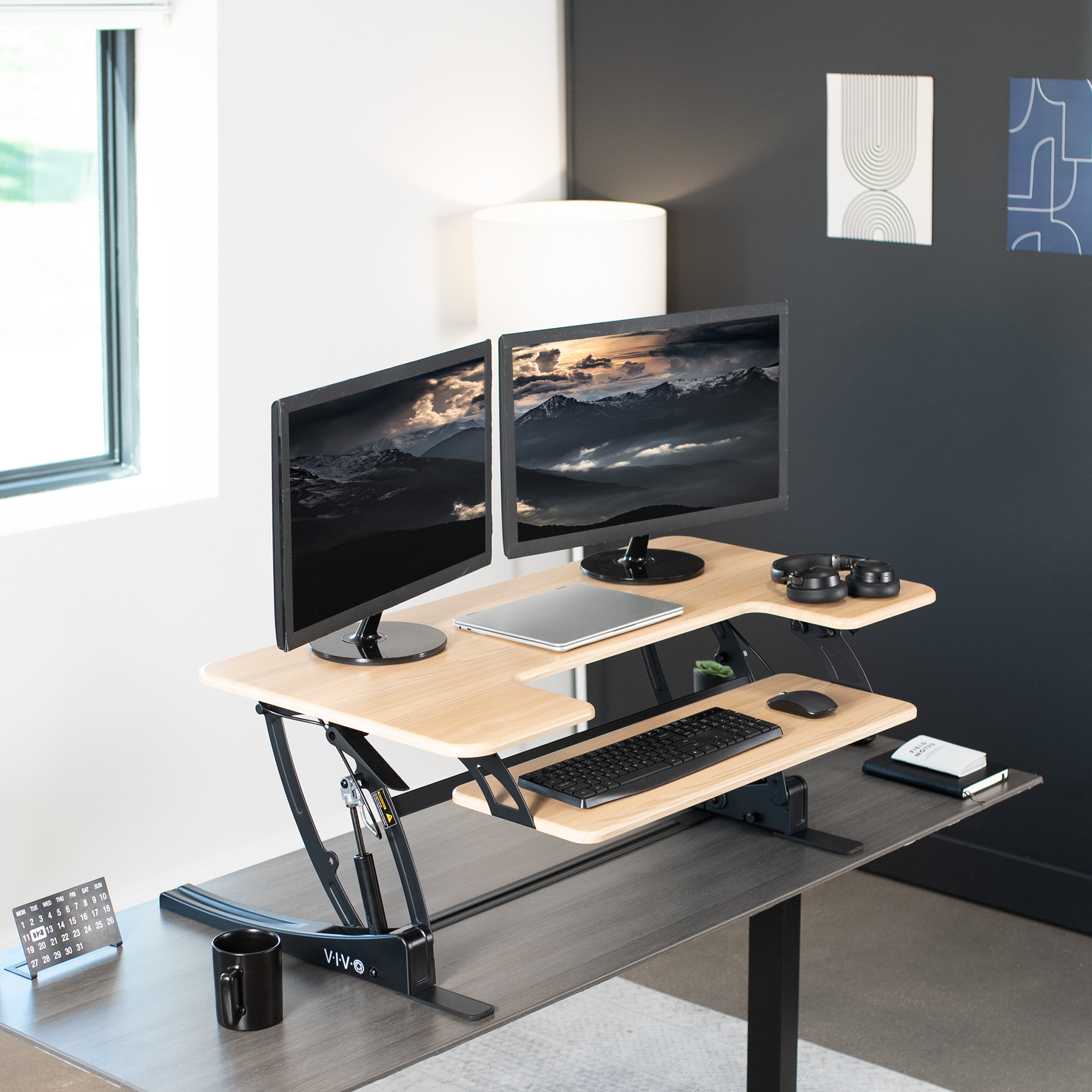VIVO Light Wood Adjustable Extra Wide 42" Stand Up Desk Converter, Black Frame Image 2