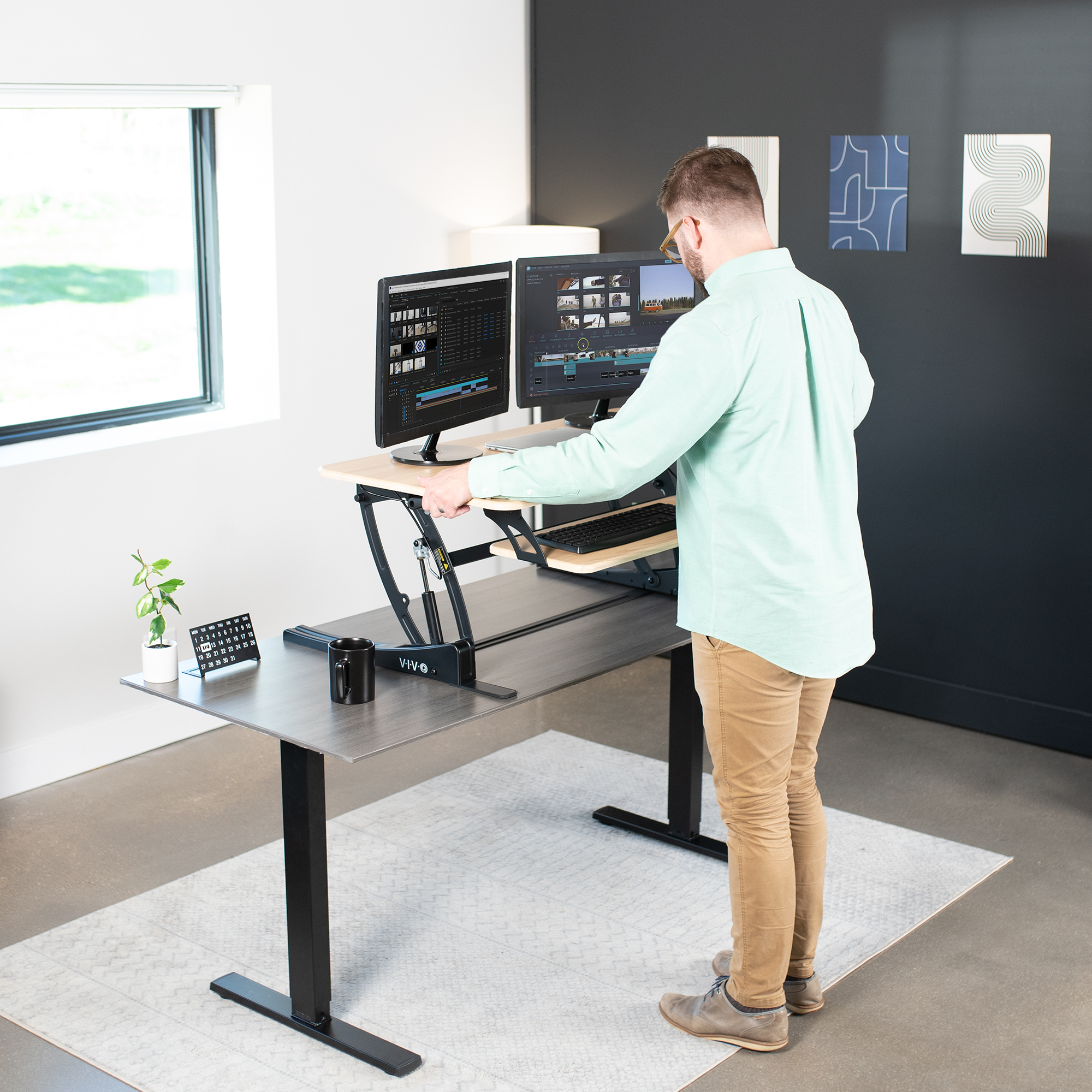 VIVO Light Wood Adjustable Extra Wide 42" Stand Up Desk Converter, Black Frame Image 3