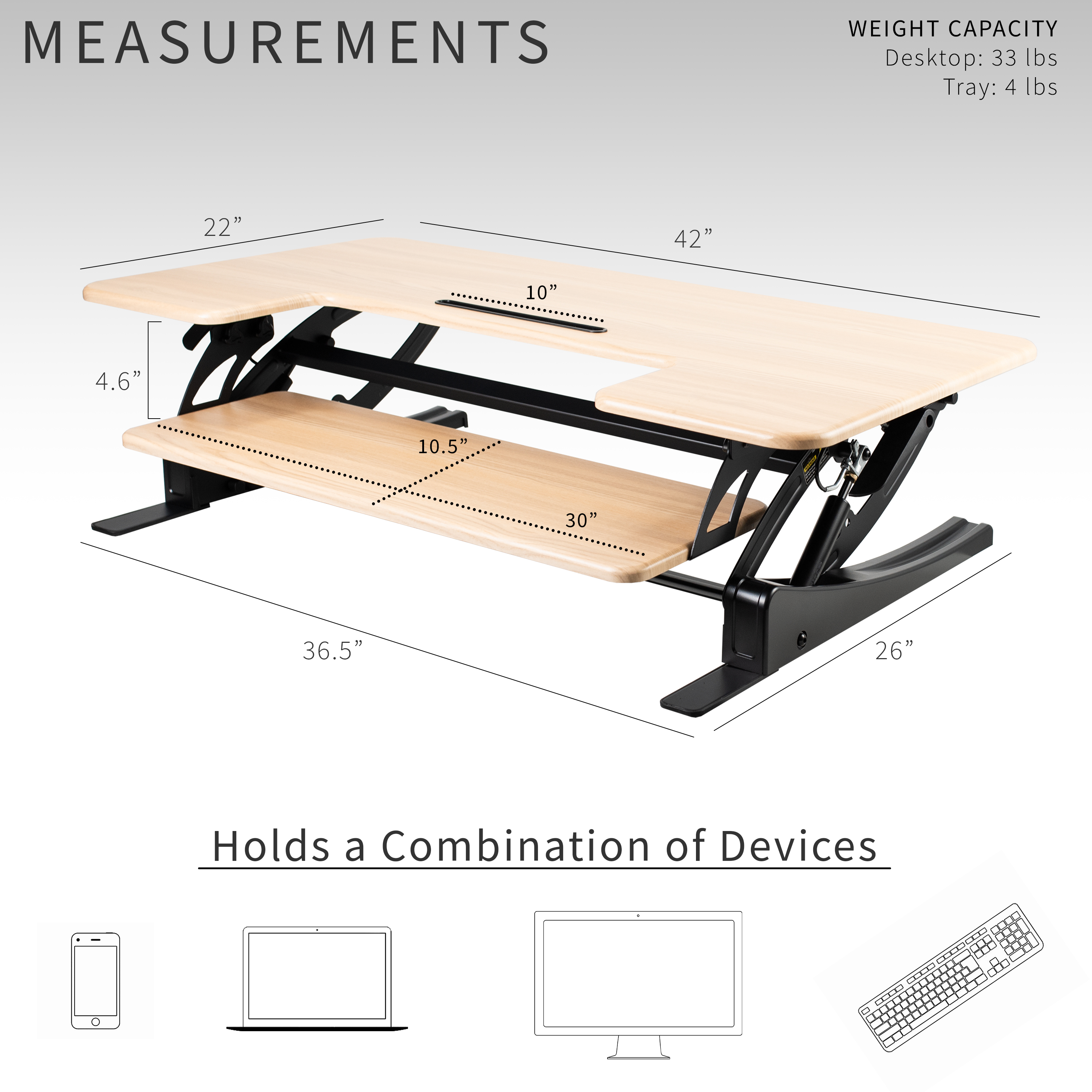 VIVO Light Wood Adjustable Extra Wide 42" Stand Up Desk Converter, Black Frame Image 4