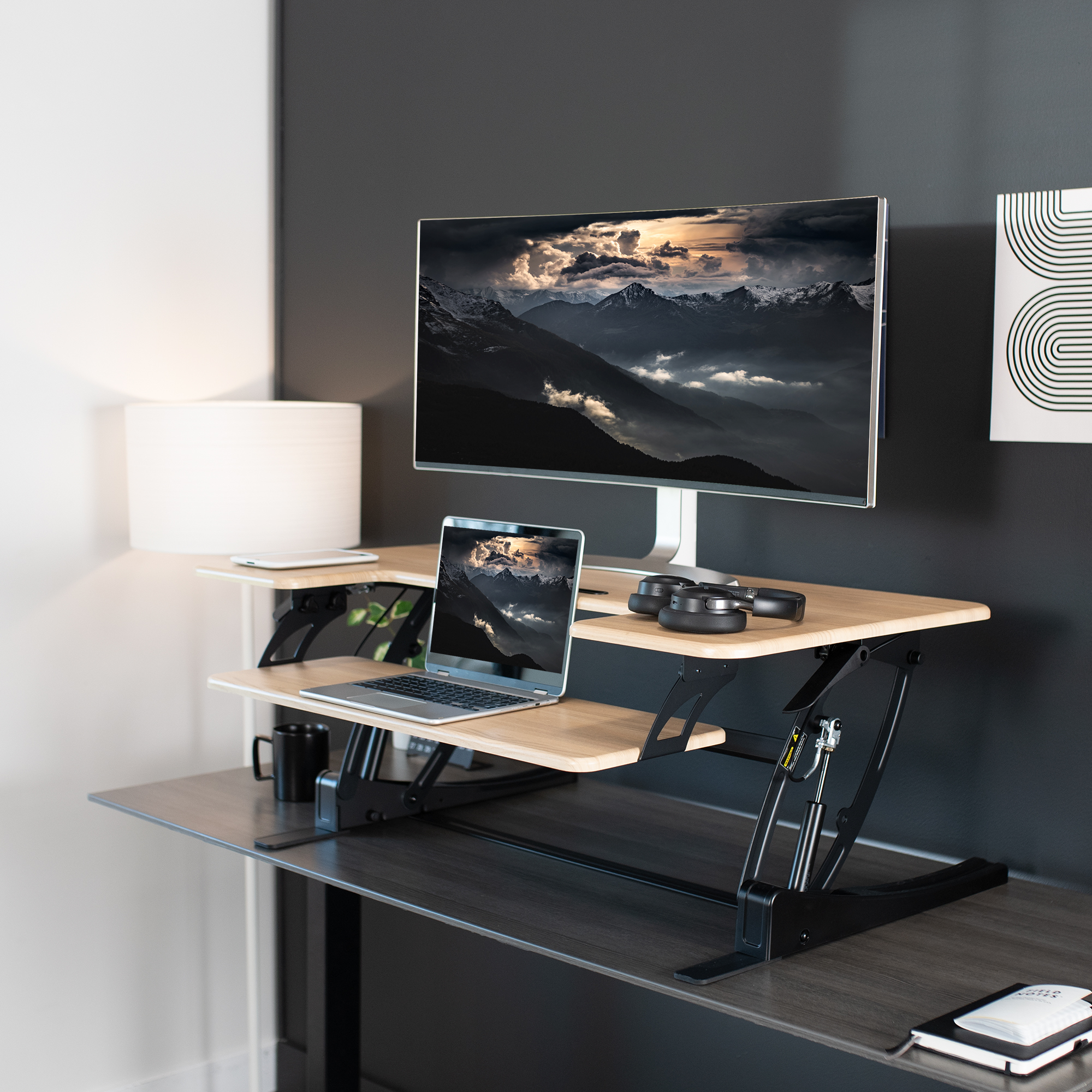 VIVO Light Wood Adjustable Extra Wide 42" Stand Up Desk Converter, Black Frame Image 6