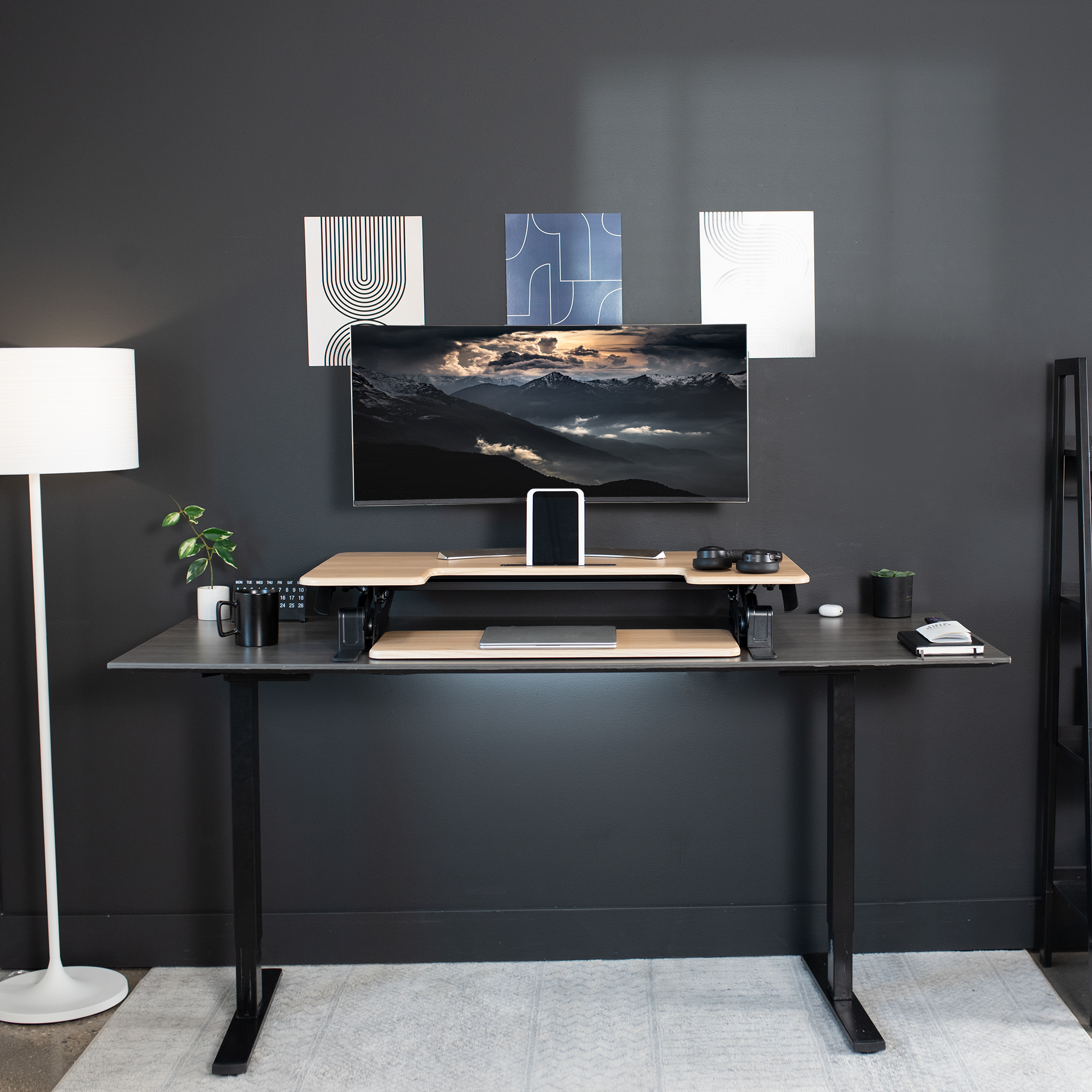 VIVO Light Wood Adjustable Extra Wide 42" Stand Up Desk Converter, Black Frame Image 7