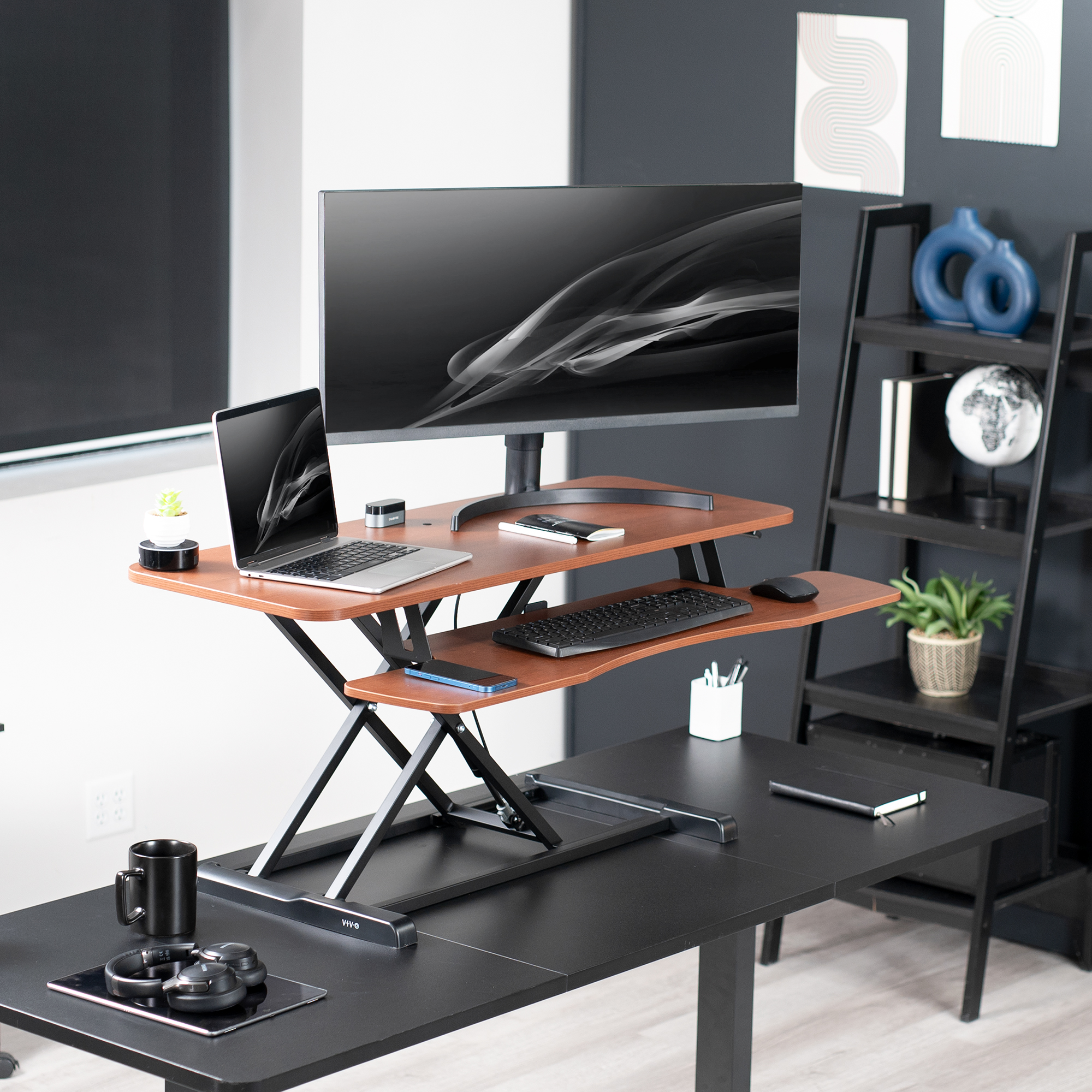 VIVO Adjustable 42" Standing Desk Monitor Riser, Dark Walnut Top, Black Frame Image 2