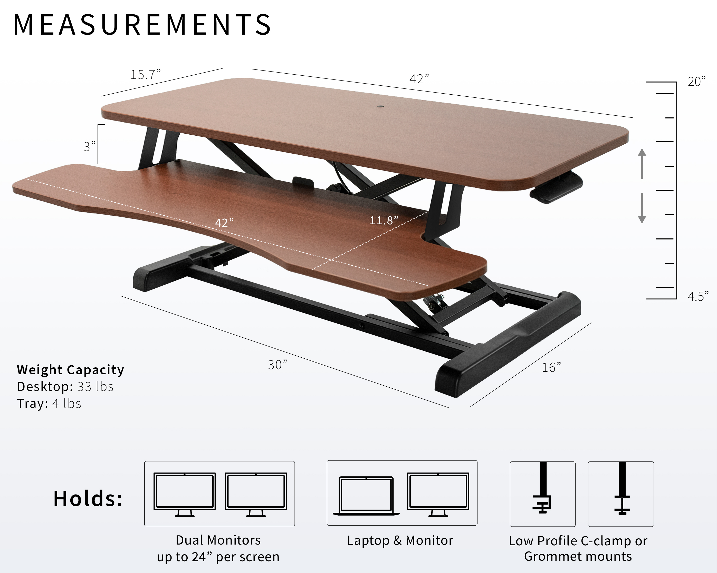 VIVO Adjustable 42" Standing Desk Monitor Riser, Dark Walnut Top, Black Frame Image 3