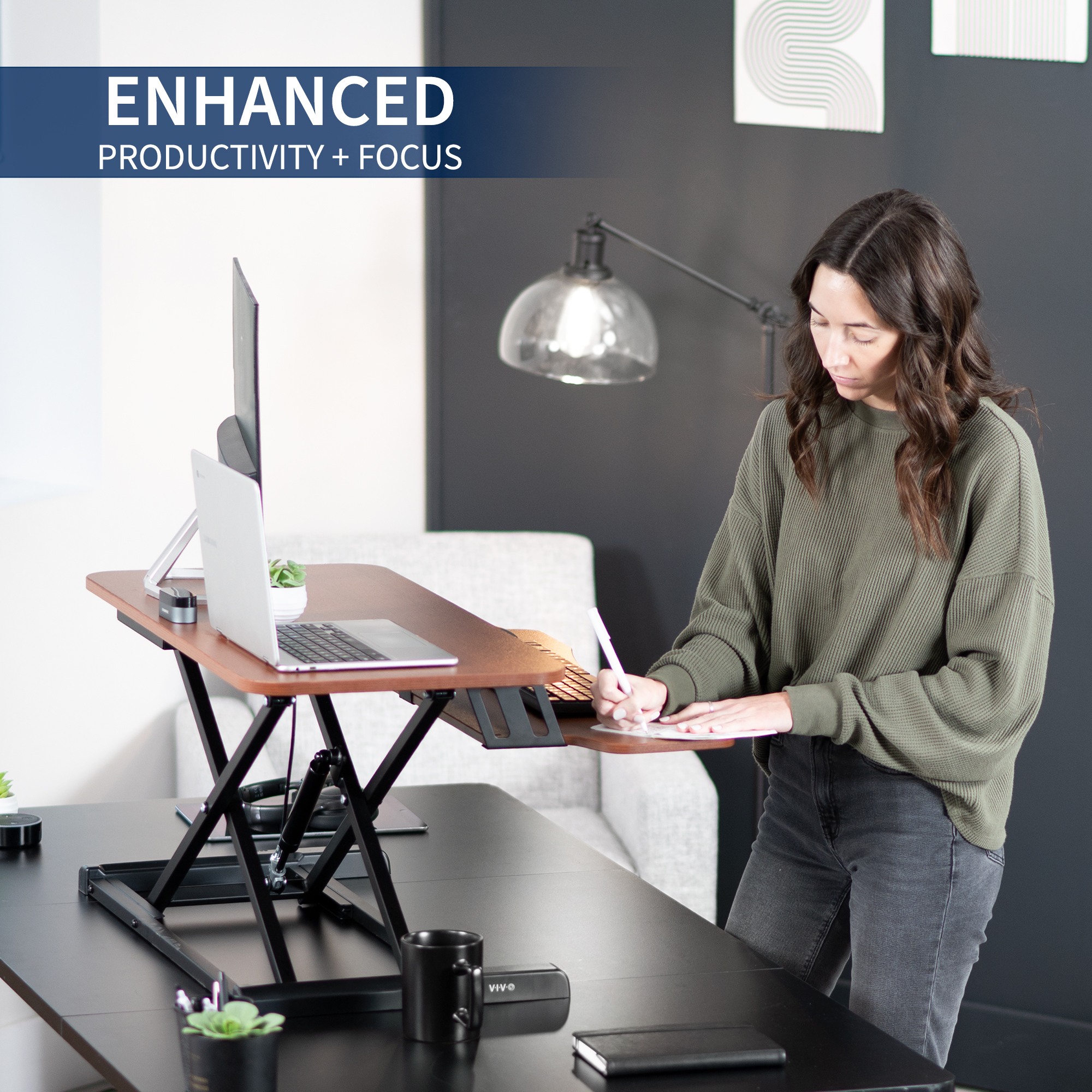 VIVO Adjustable 42" Standing Desk Monitor Riser, Dark Walnut Top, Black Frame Image 4