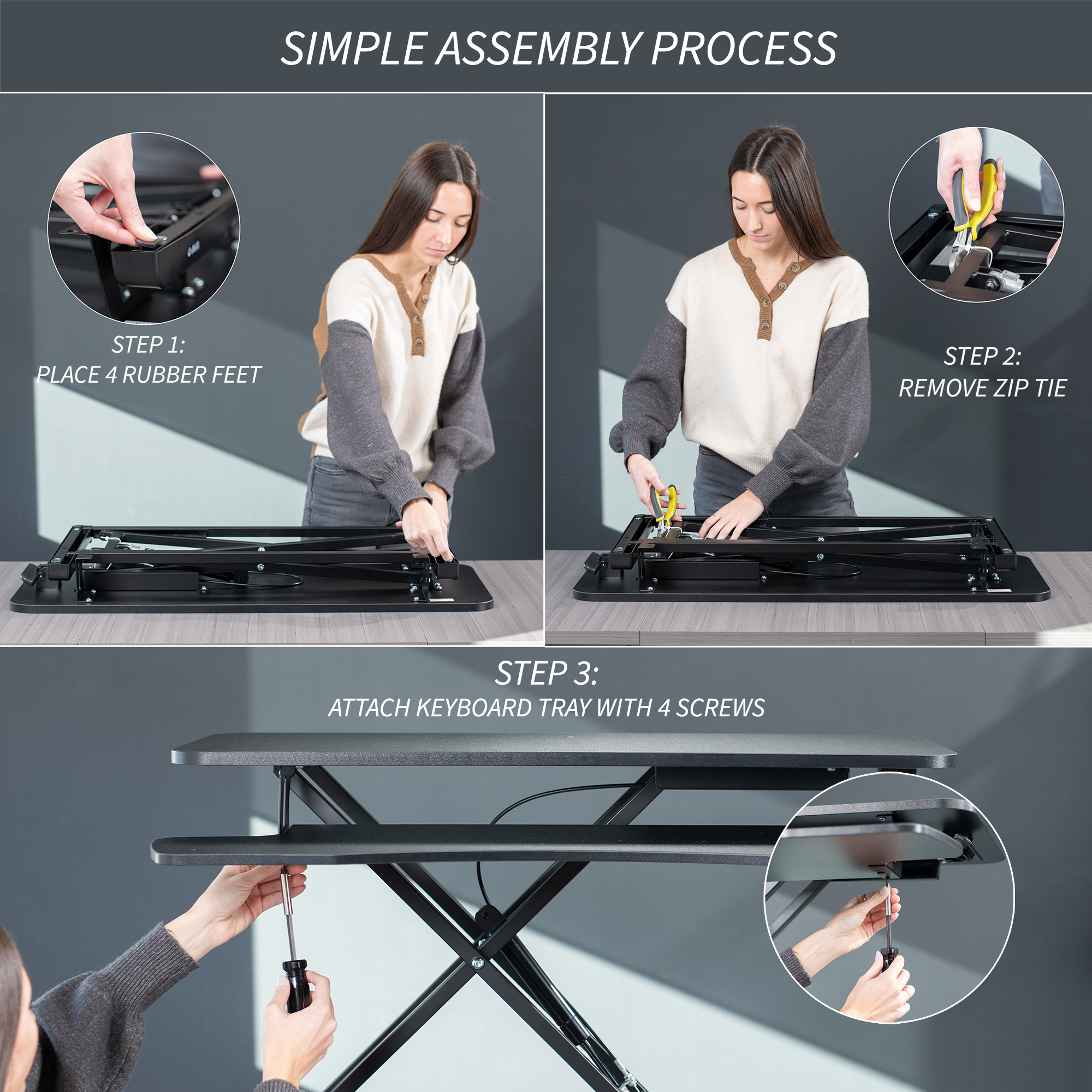 VIVO Adjustable 42" Standing Desk Monitor Riser, Dark Walnut Top, Black Frame Image 7