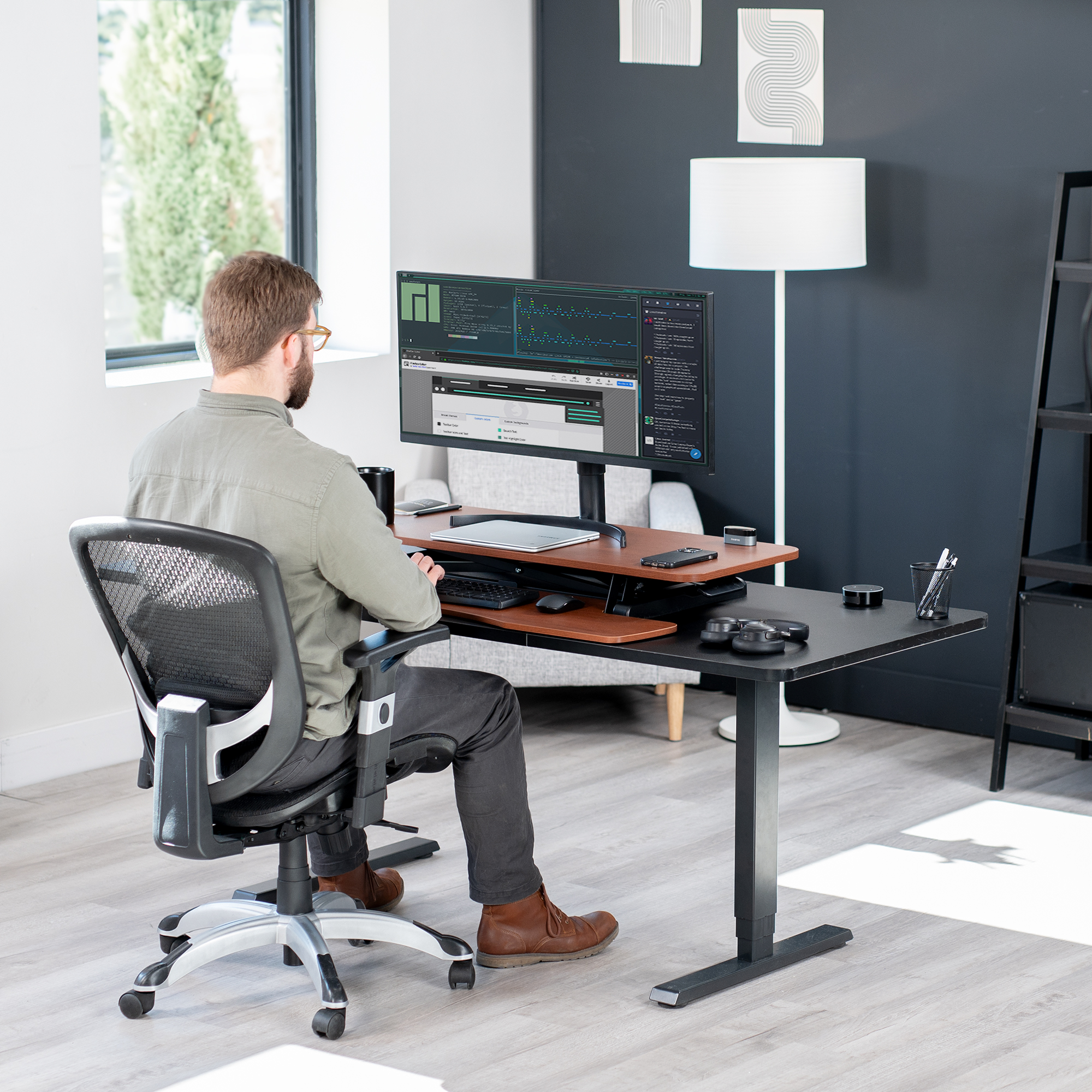 VIVO Adjustable 42" Standing Desk Monitor Riser, Dark Walnut Top, Black Frame Image 8