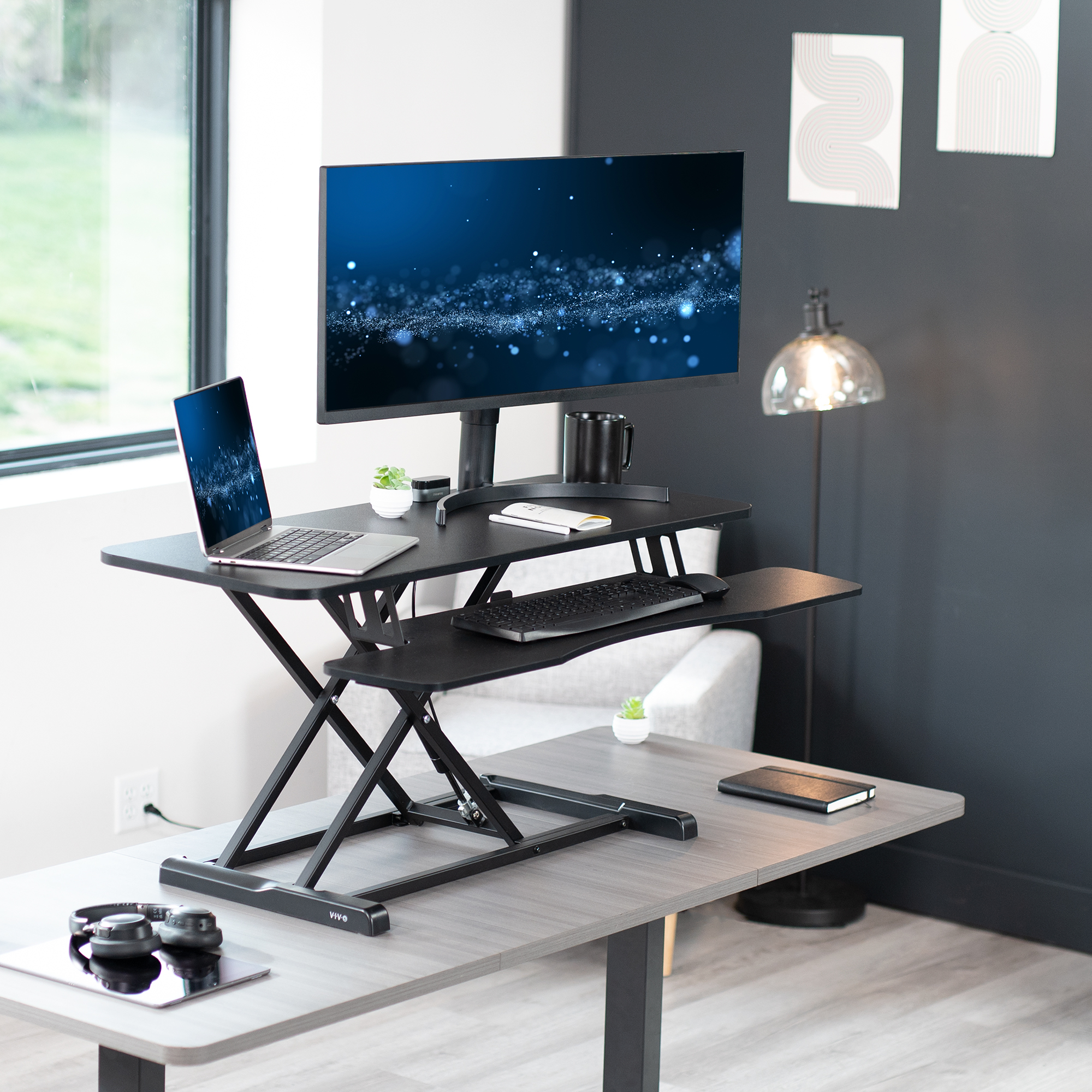VIVO Black Height Adjustable 42" Standing Desk Monitor Riser, Sit Stand Tabletop Image 2