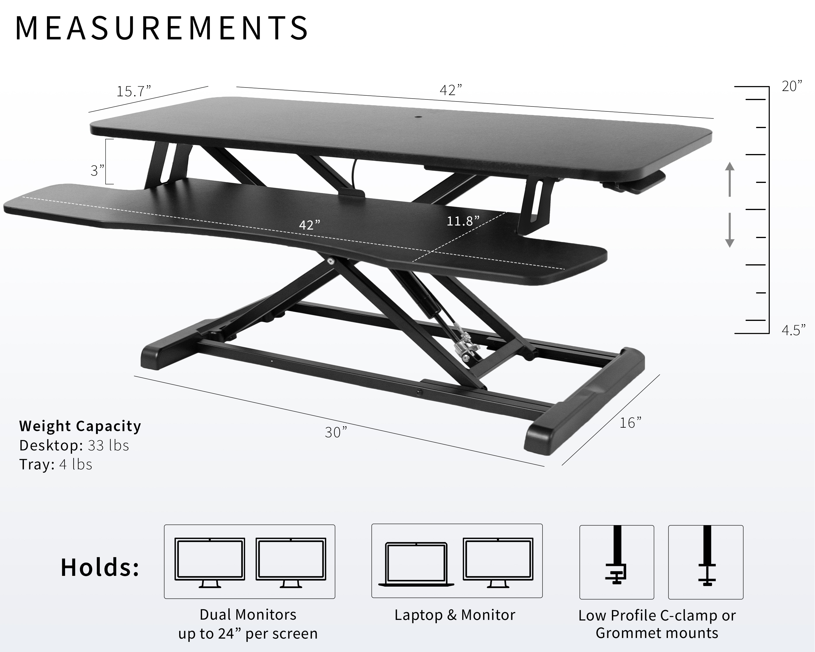 VIVO Black Height Adjustable 42" Standing Desk Monitor Riser, Sit Stand Tabletop Image 3