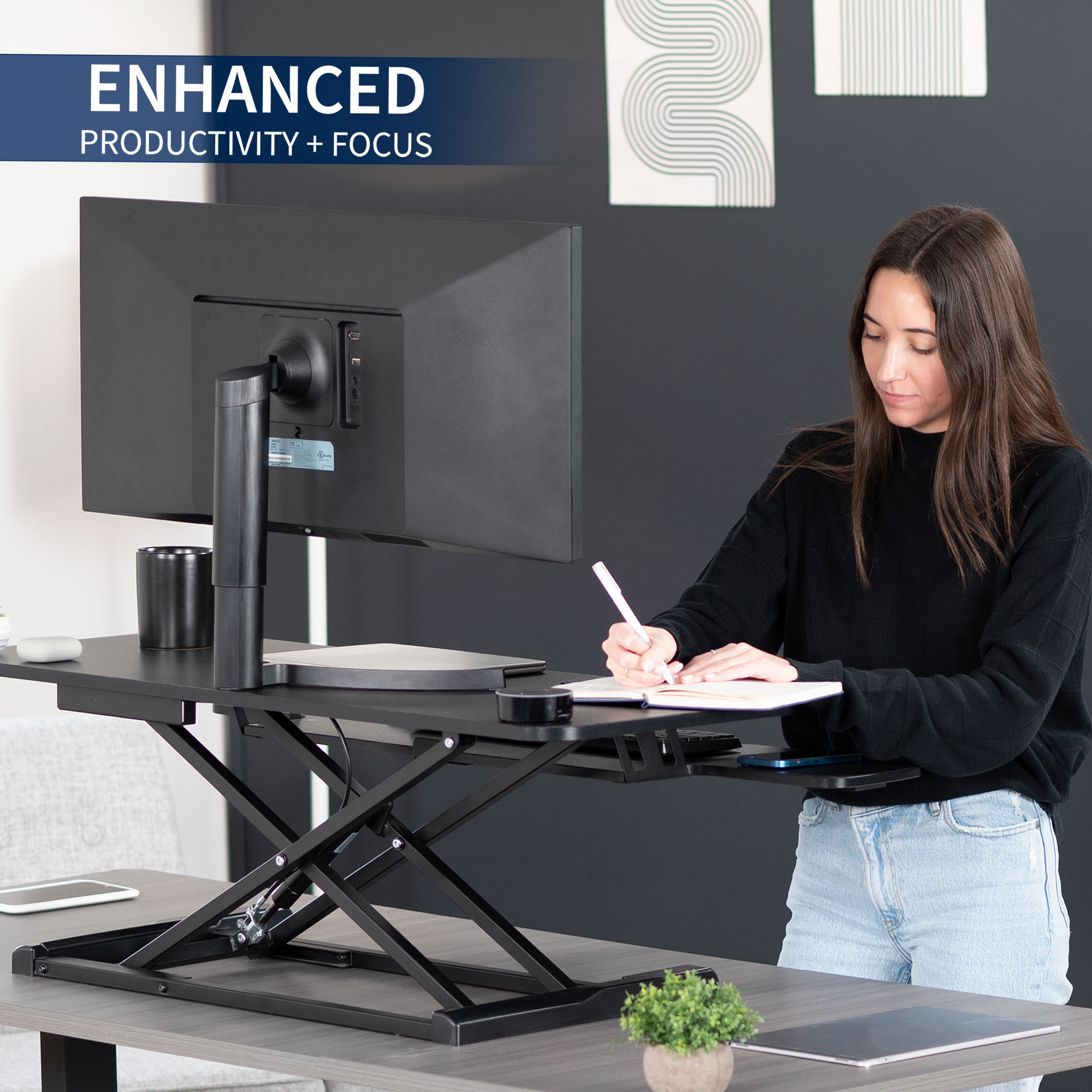 VIVO Black Height Adjustable 42" Standing Desk Monitor Riser, Sit Stand Tabletop Image 4