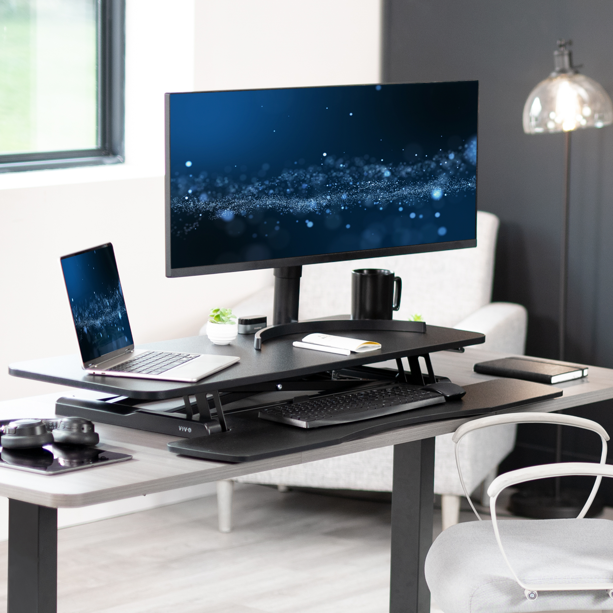 VIVO Black Height Adjustable 42" Standing Desk Monitor Riser, Sit Stand Tabletop Image 8