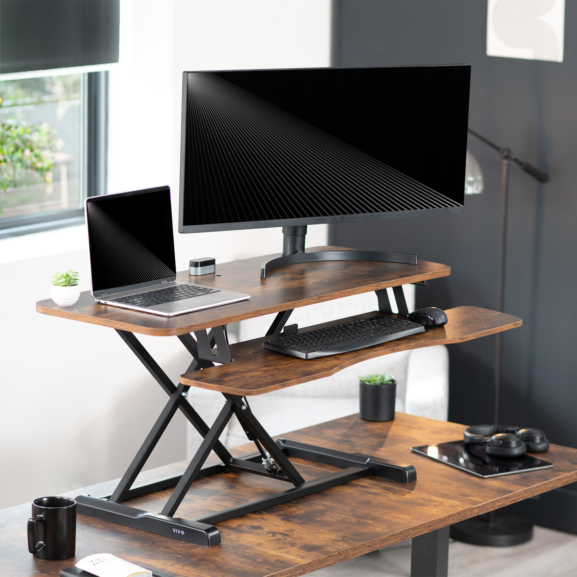 VIVO Adjustable 42" Standing Desk Monitor Riser, Vintage Brown Top, Black Frame Image 2