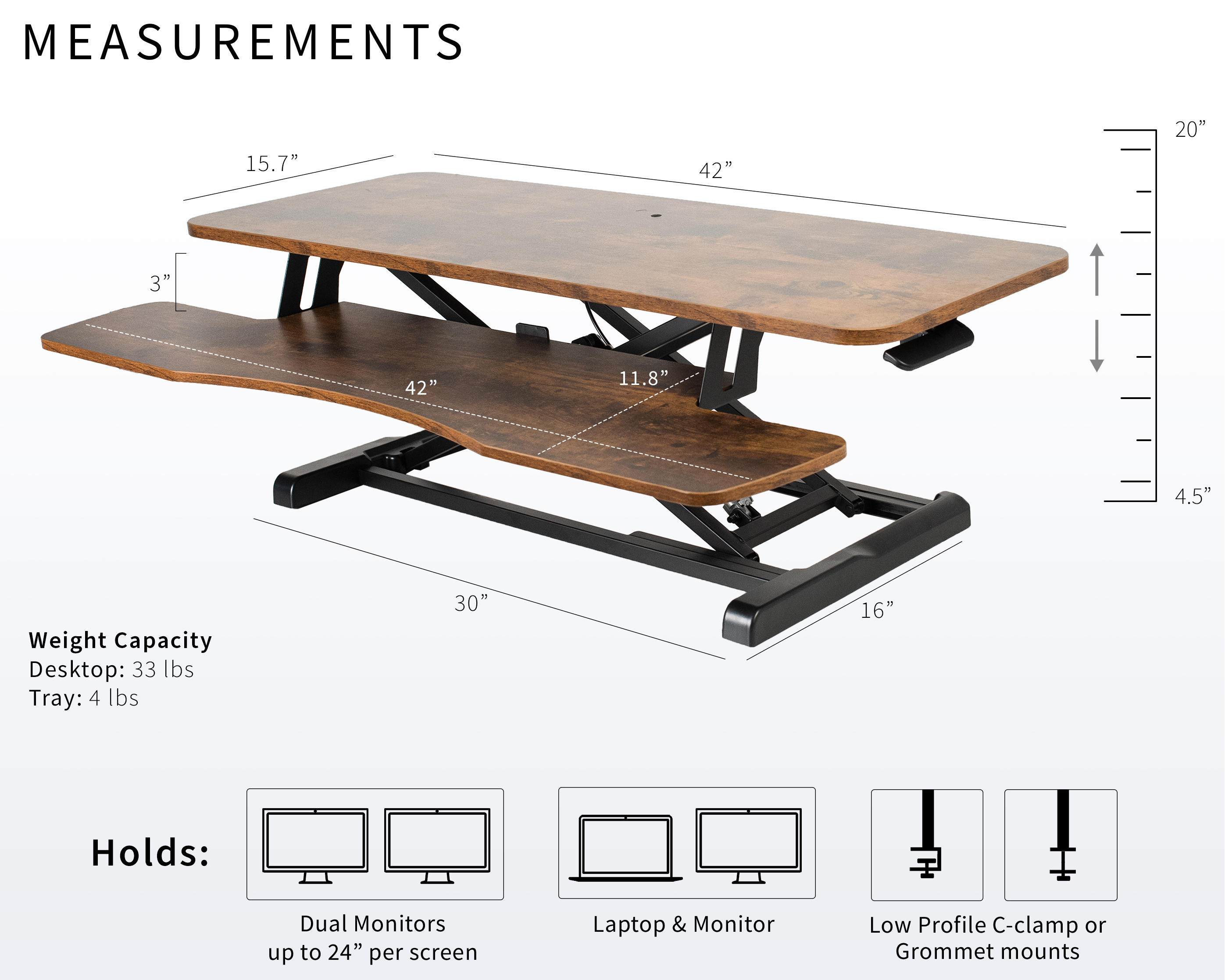 VIVO Adjustable 42" Standing Desk Monitor Riser, Vintage Brown Top, Black Frame Image 3