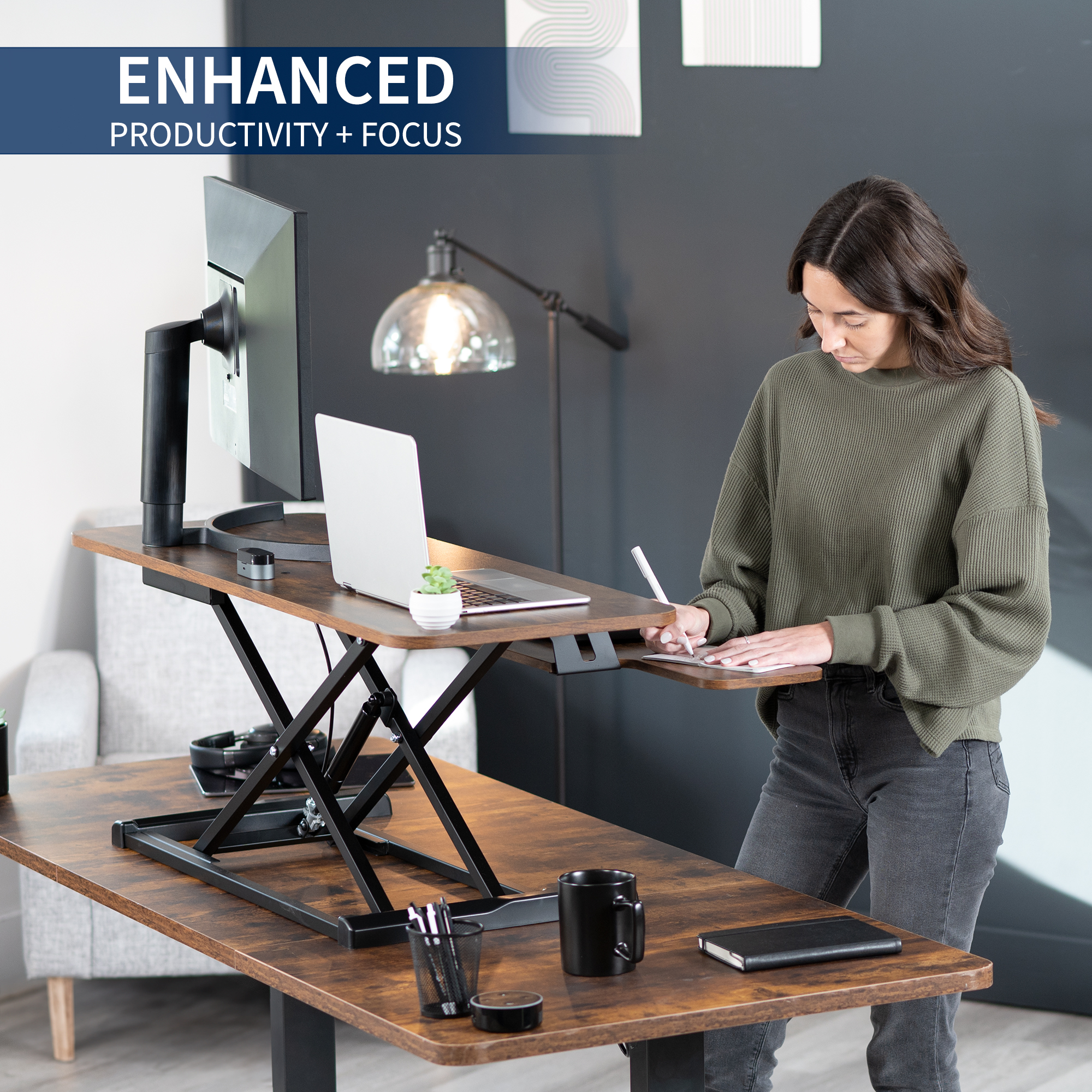 VIVO Adjustable 42" Standing Desk Monitor Riser, Vintage Brown Top, Black Frame Image 4