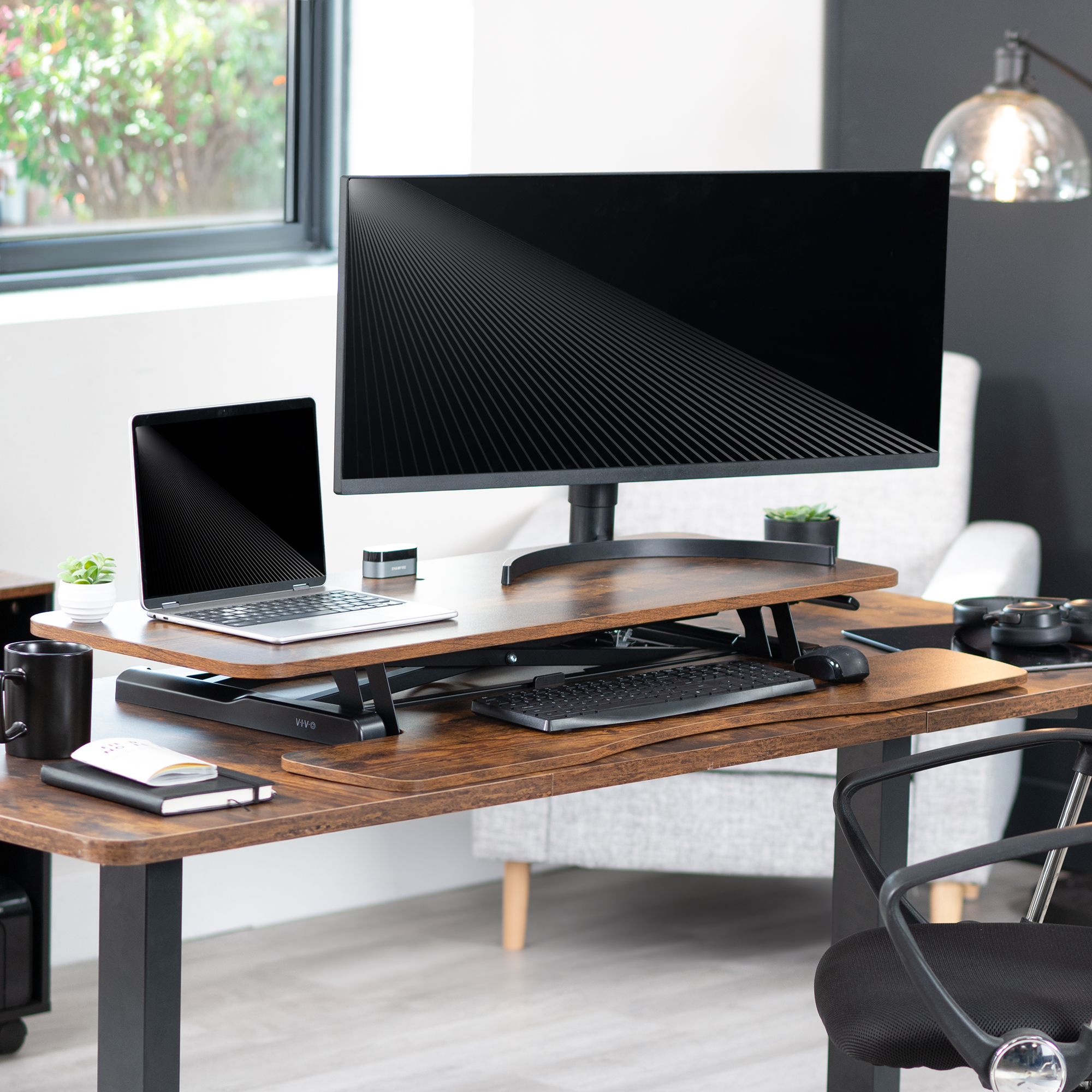 VIVO Adjustable 42" Standing Desk Monitor Riser, Vintage Brown Top, Black Frame Image 8