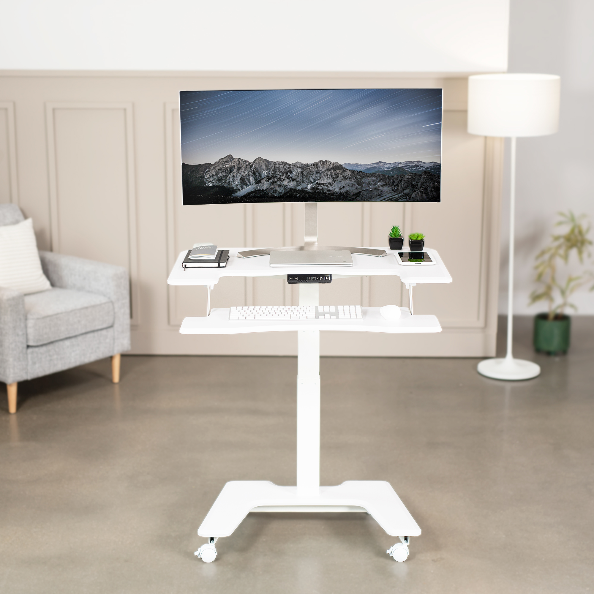 VIVO White 36" Electric Mobile Height Adjustable Two Platform Standing Desk Image 2