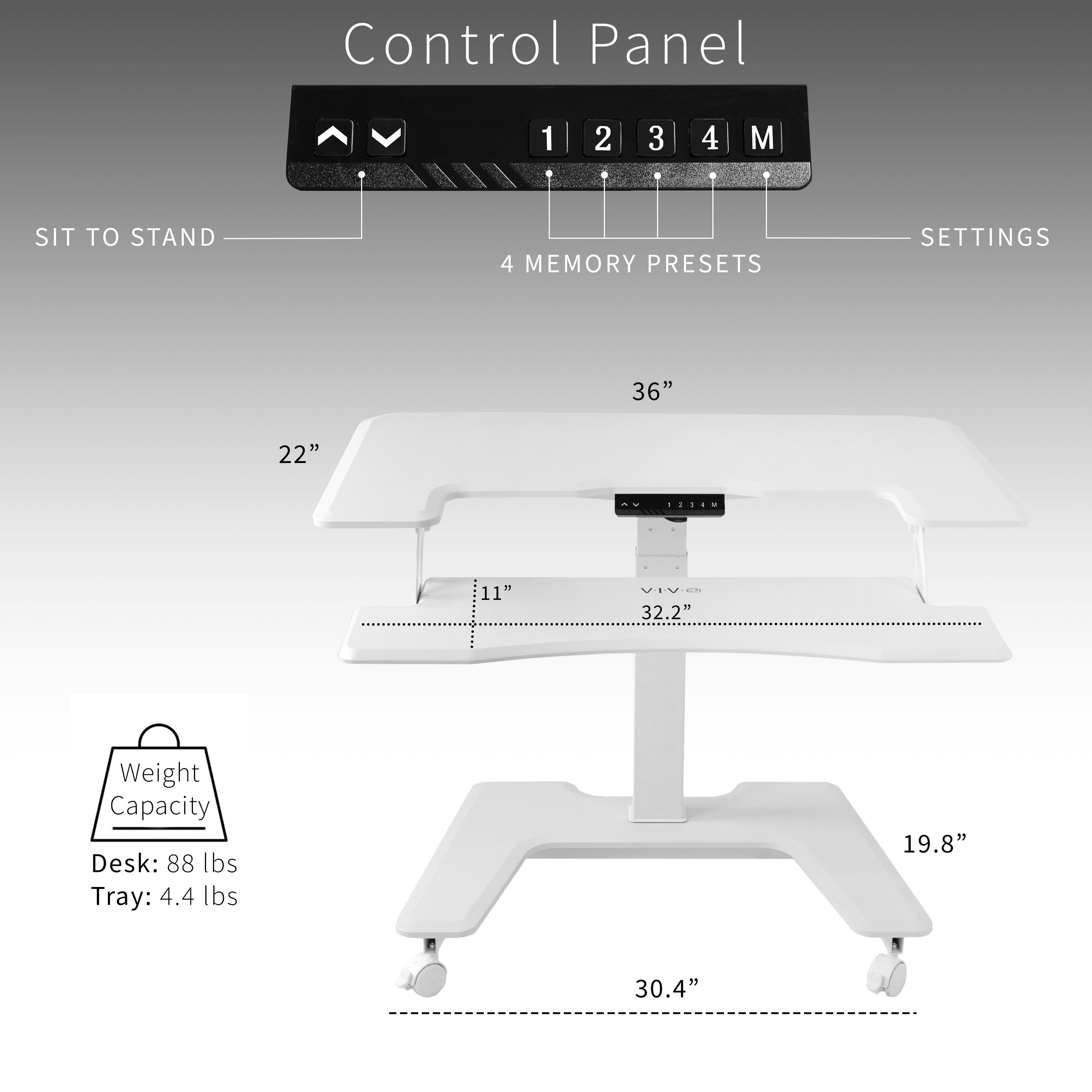 VIVO White 36" Electric Mobile Height Adjustable Two Platform Standing Desk Image 3
