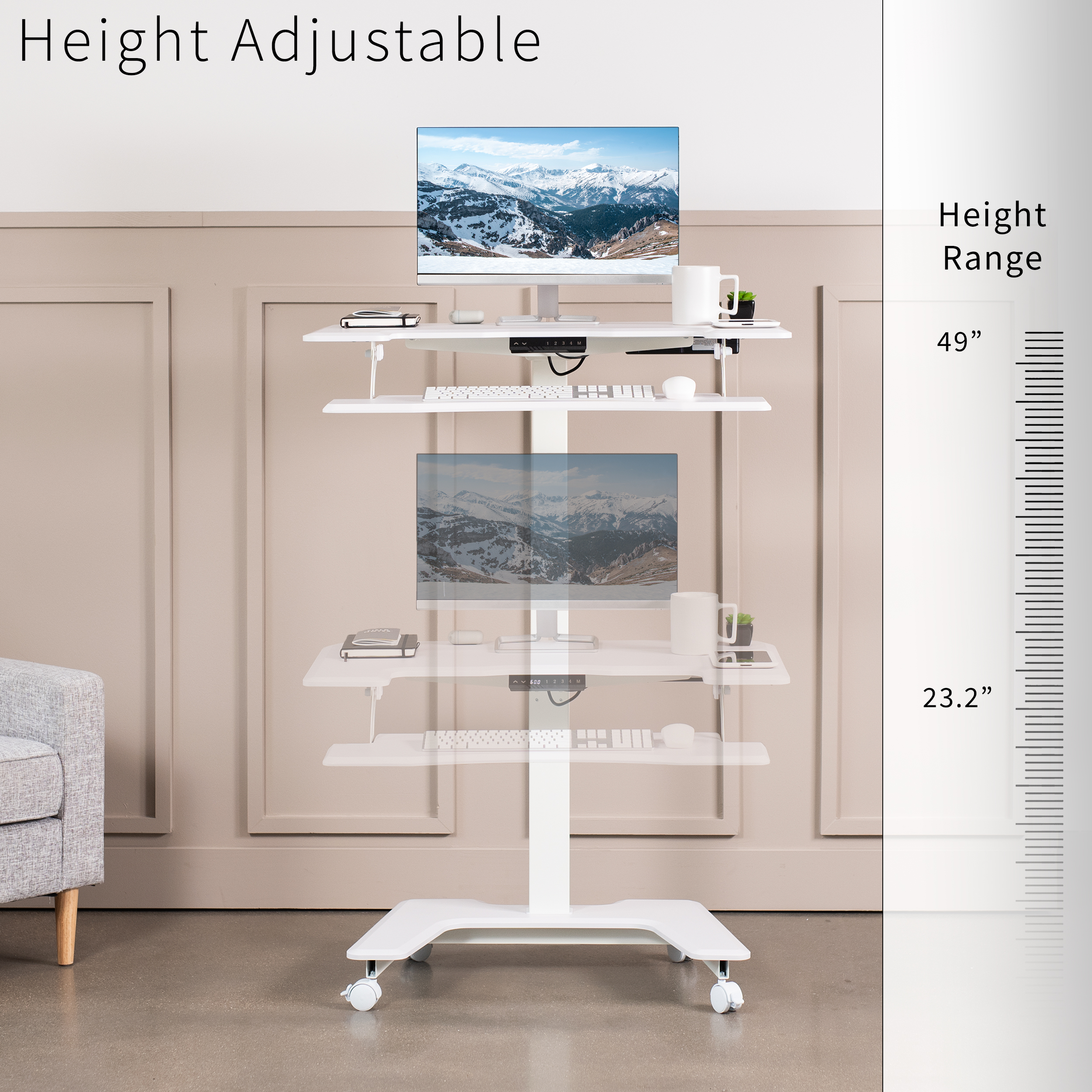 VIVO White 36" Electric Mobile Height Adjustable Two Platform Standing Desk Image 5