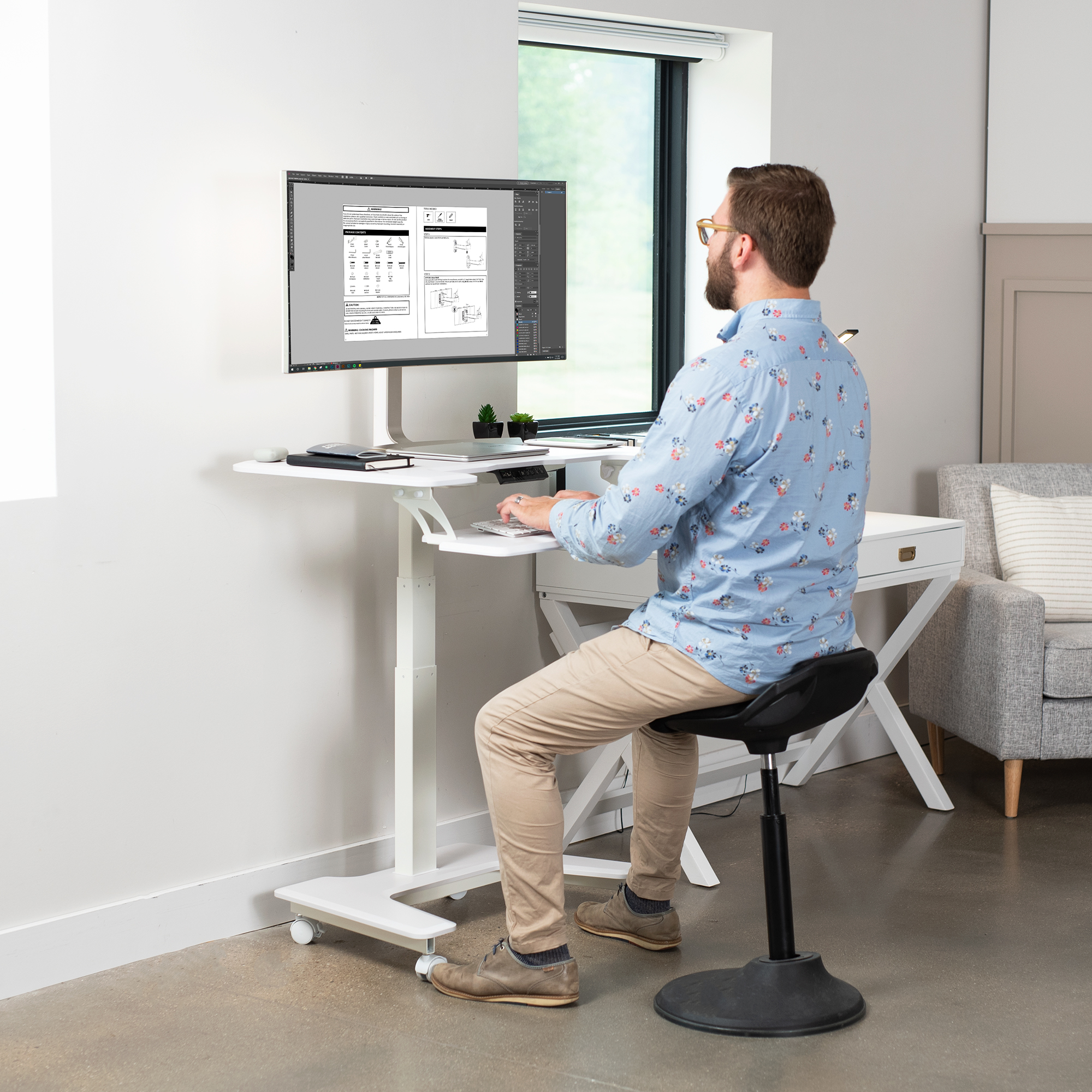 VIVO White 36" Electric Mobile Height Adjustable Two Platform Standing Desk Image 6