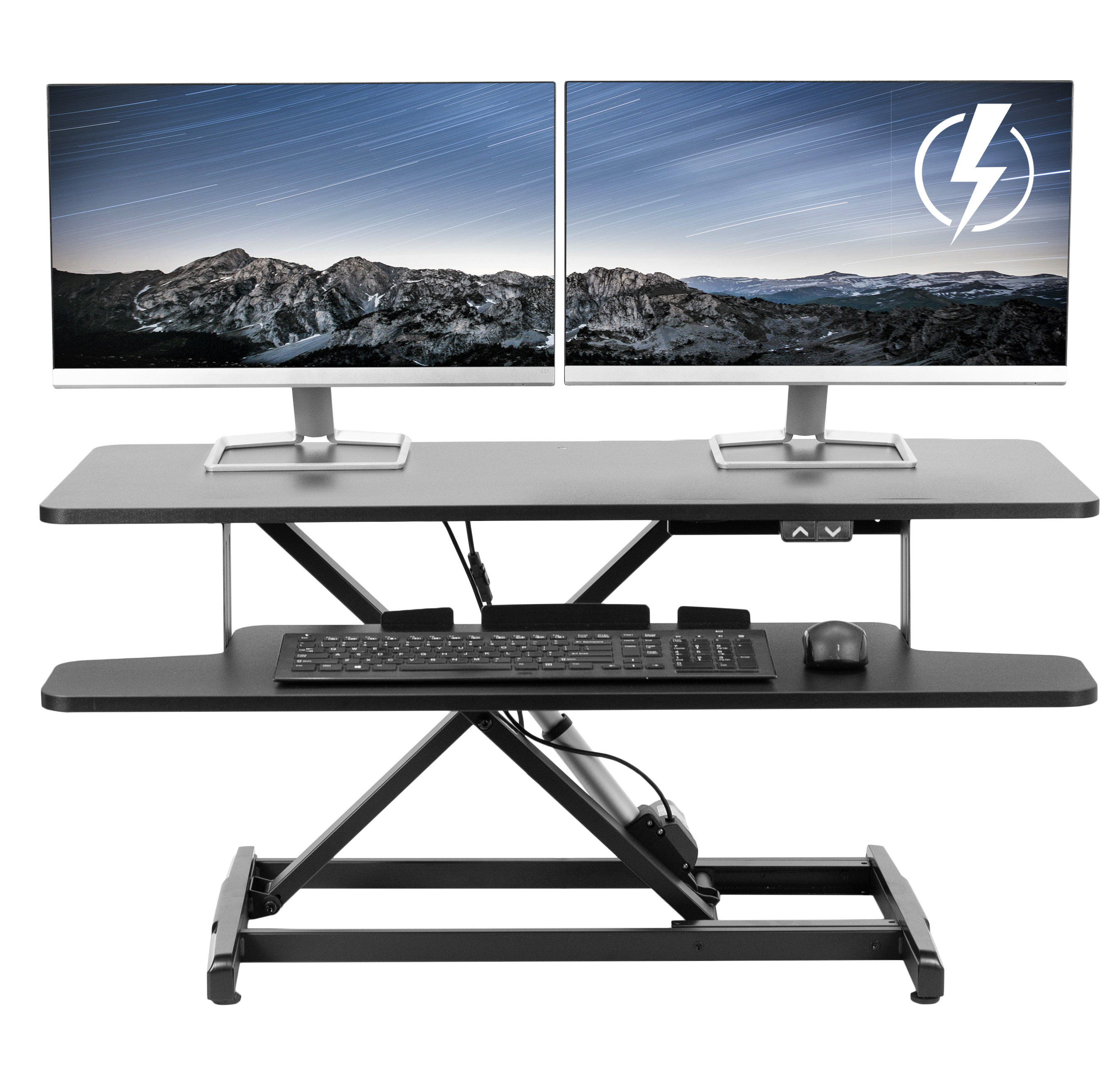 VIVO Black Electric 36" Standing Desk Monitor Riser, Dual Arm Sit Stand Tabletop Image 1