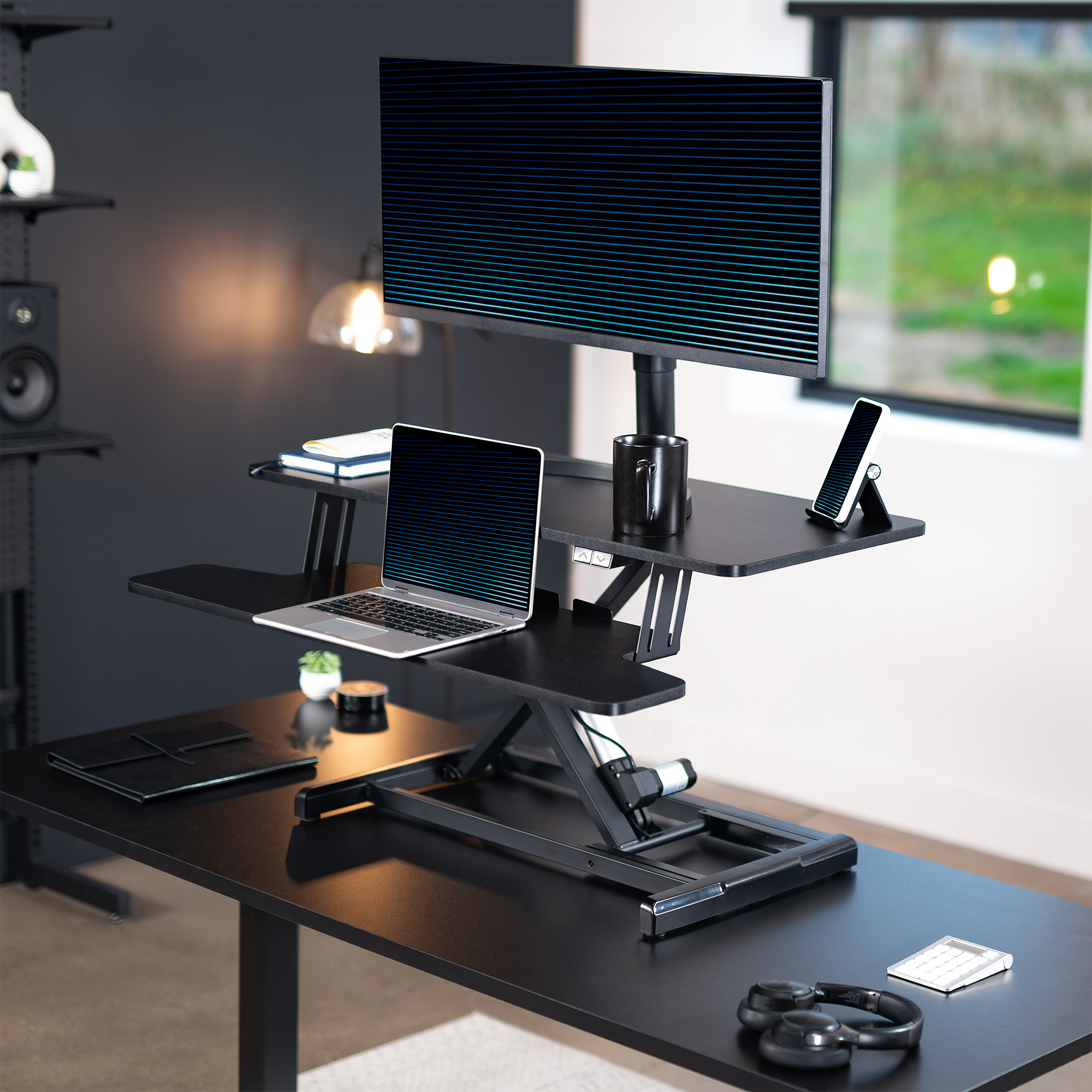 VIVO Black Electric 36" Standing Desk Monitor Riser, Dual Arm Sit Stand Tabletop Image 2