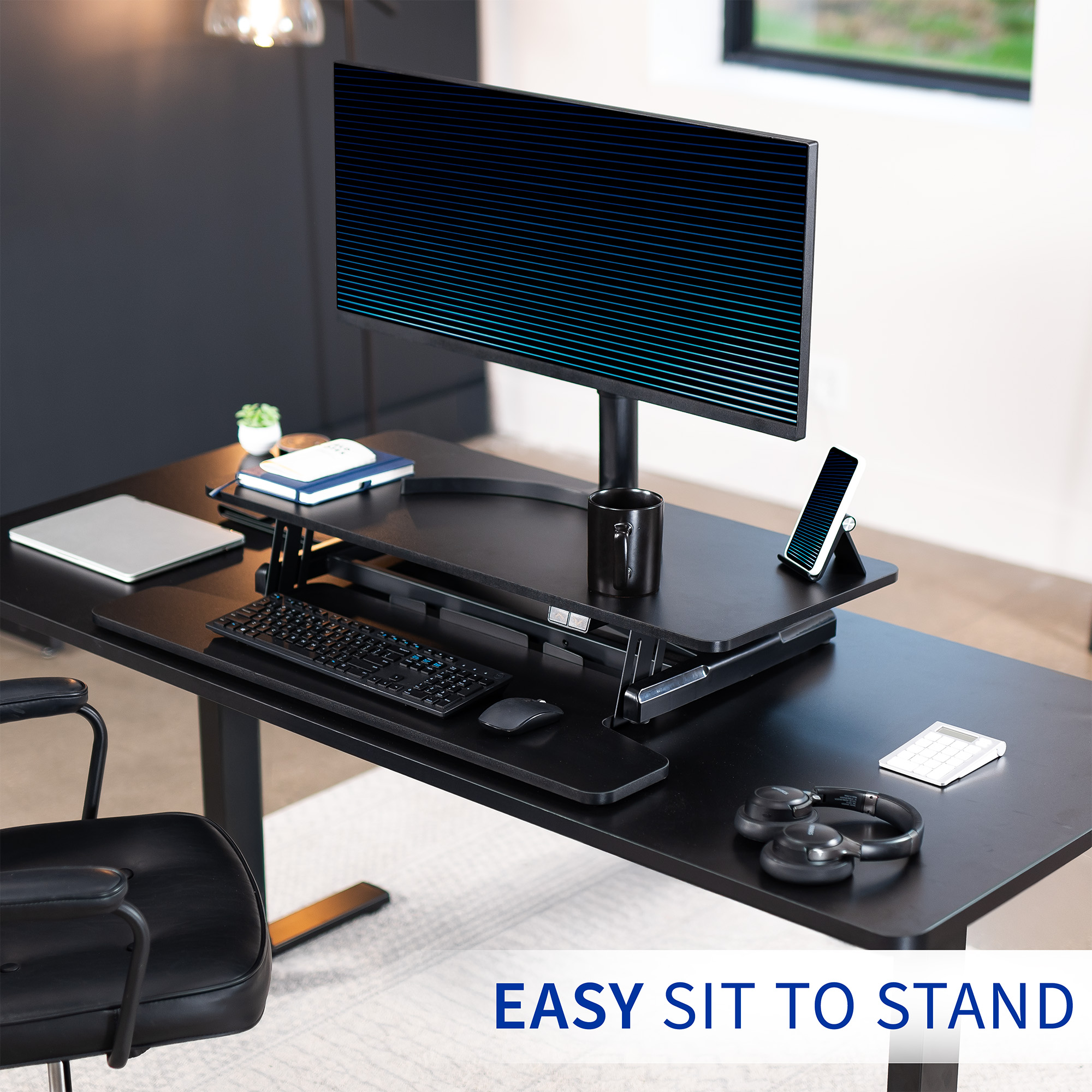 VIVO Black Electric 36" Standing Desk Monitor Riser, Dual Arm Sit Stand Tabletop Image 5