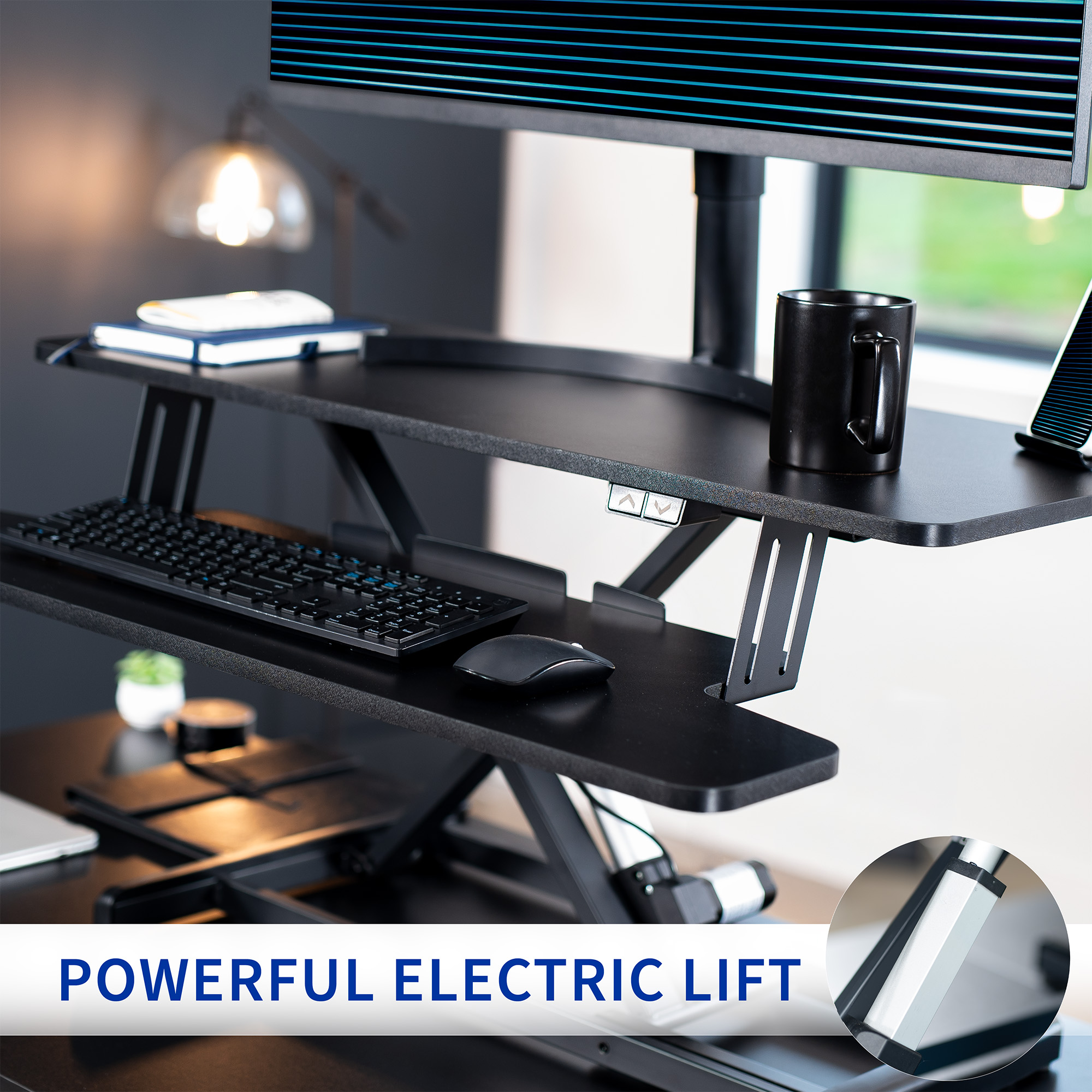 VIVO Black Electric 36" Standing Desk Monitor Riser, Dual Arm Sit Stand Tabletop Image 6
