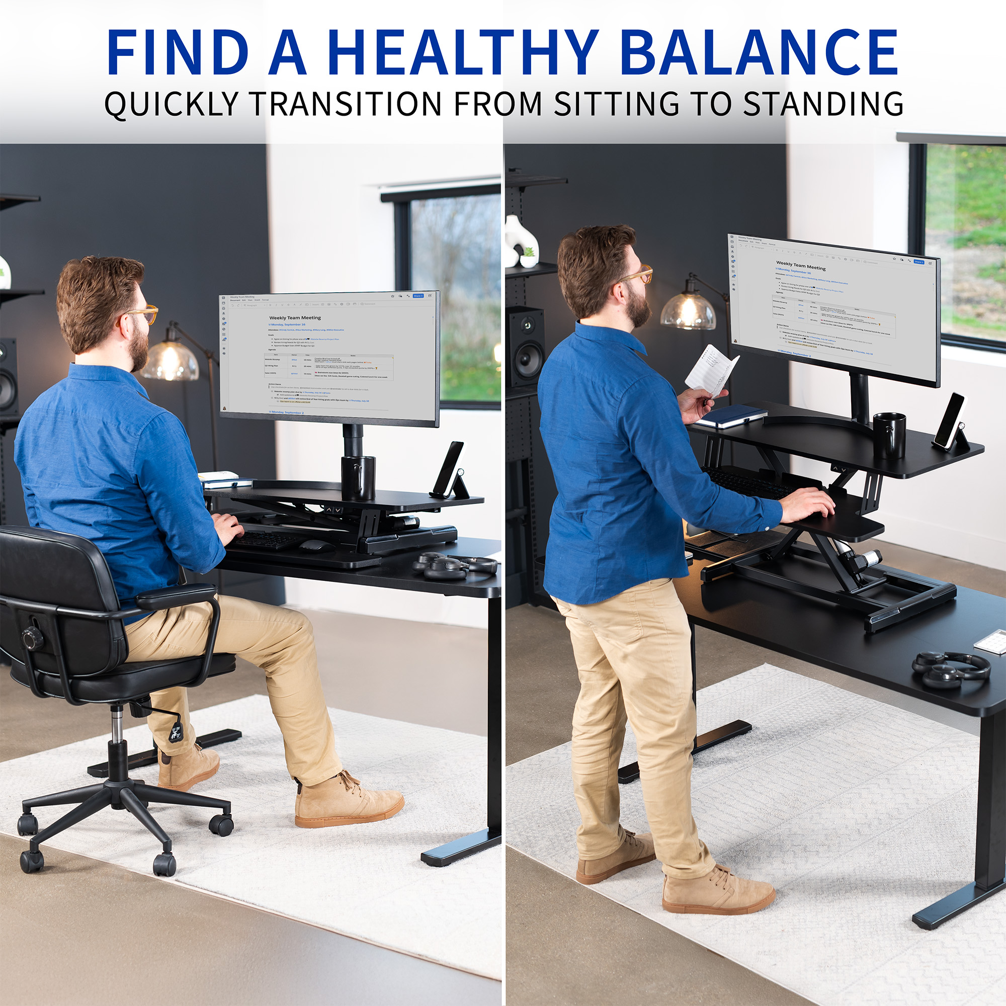 VIVO Black Electric 36" Standing Desk Monitor Riser, Dual Arm Sit Stand Tabletop Image 7