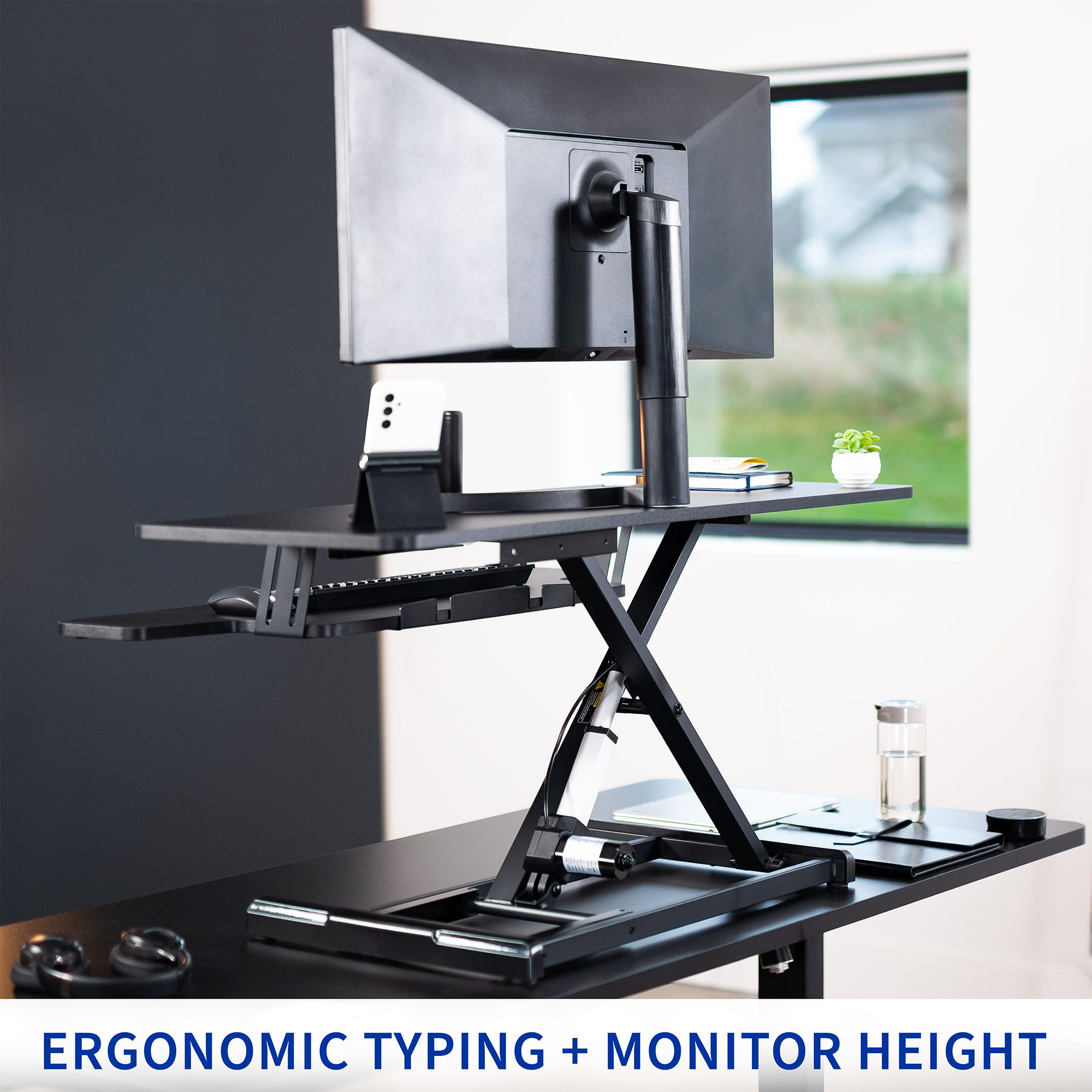 VIVO Black Electric 36" Standing Desk Monitor Riser, Dual Arm Sit Stand Tabletop Image 8