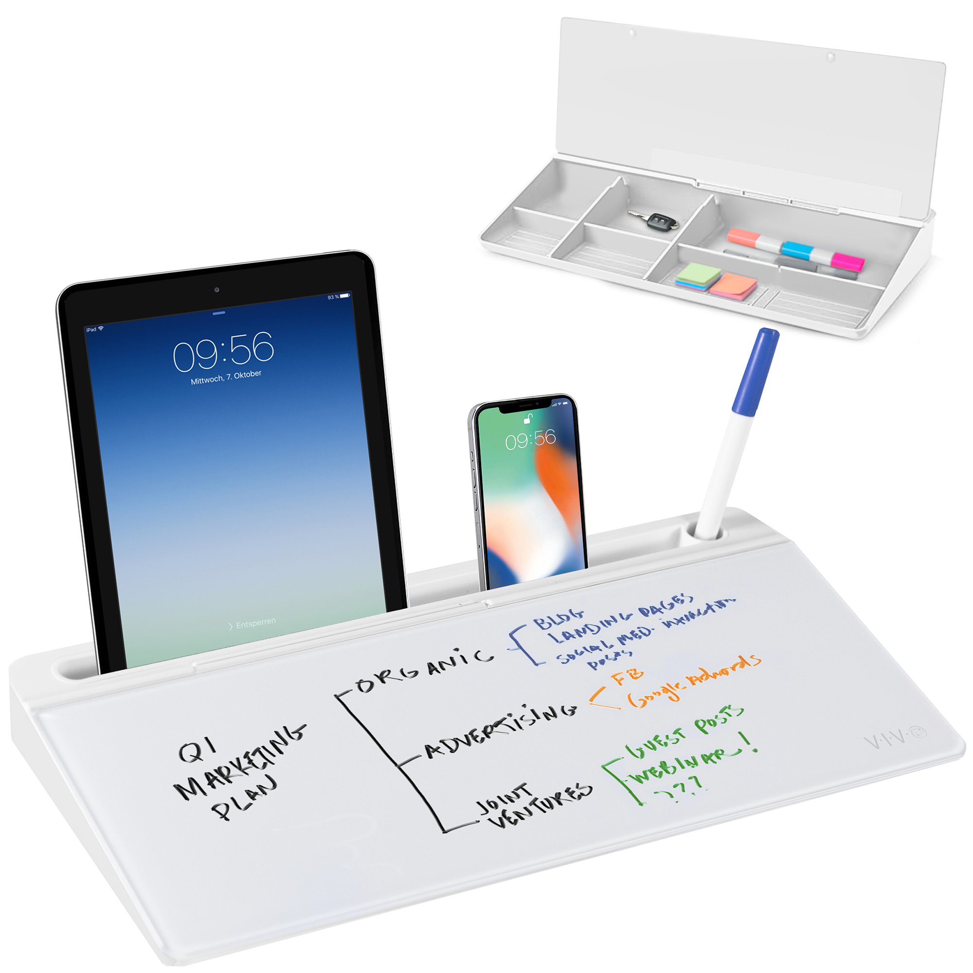 VIVO Desktop Dry Erase Board with Hidden Storage, 16" x 7" Glass Whiteboard Image 1